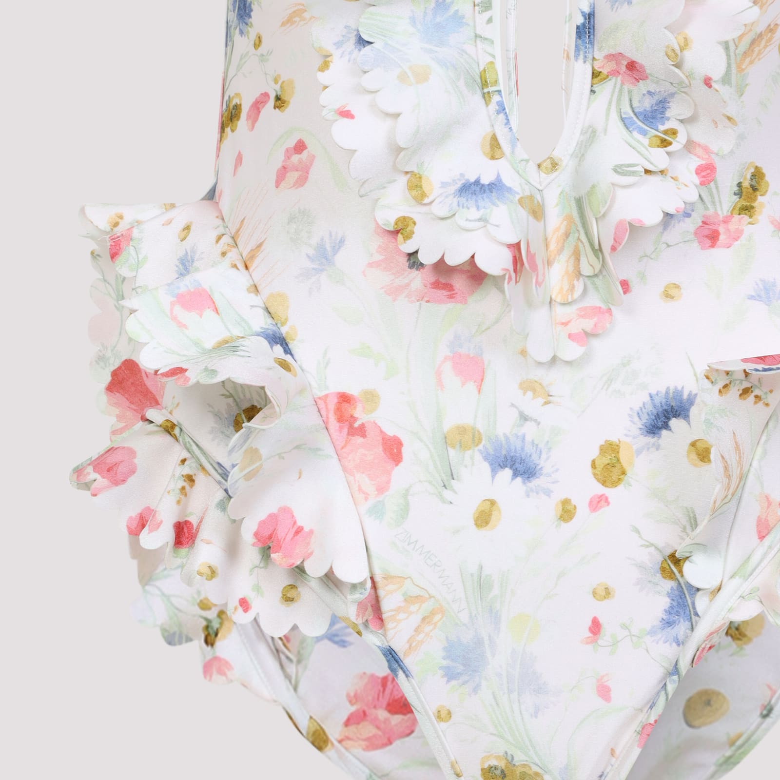 Zimmermann Multicolour Floral Swimsuit With Ruffled Edges And Adjustable Ties In White