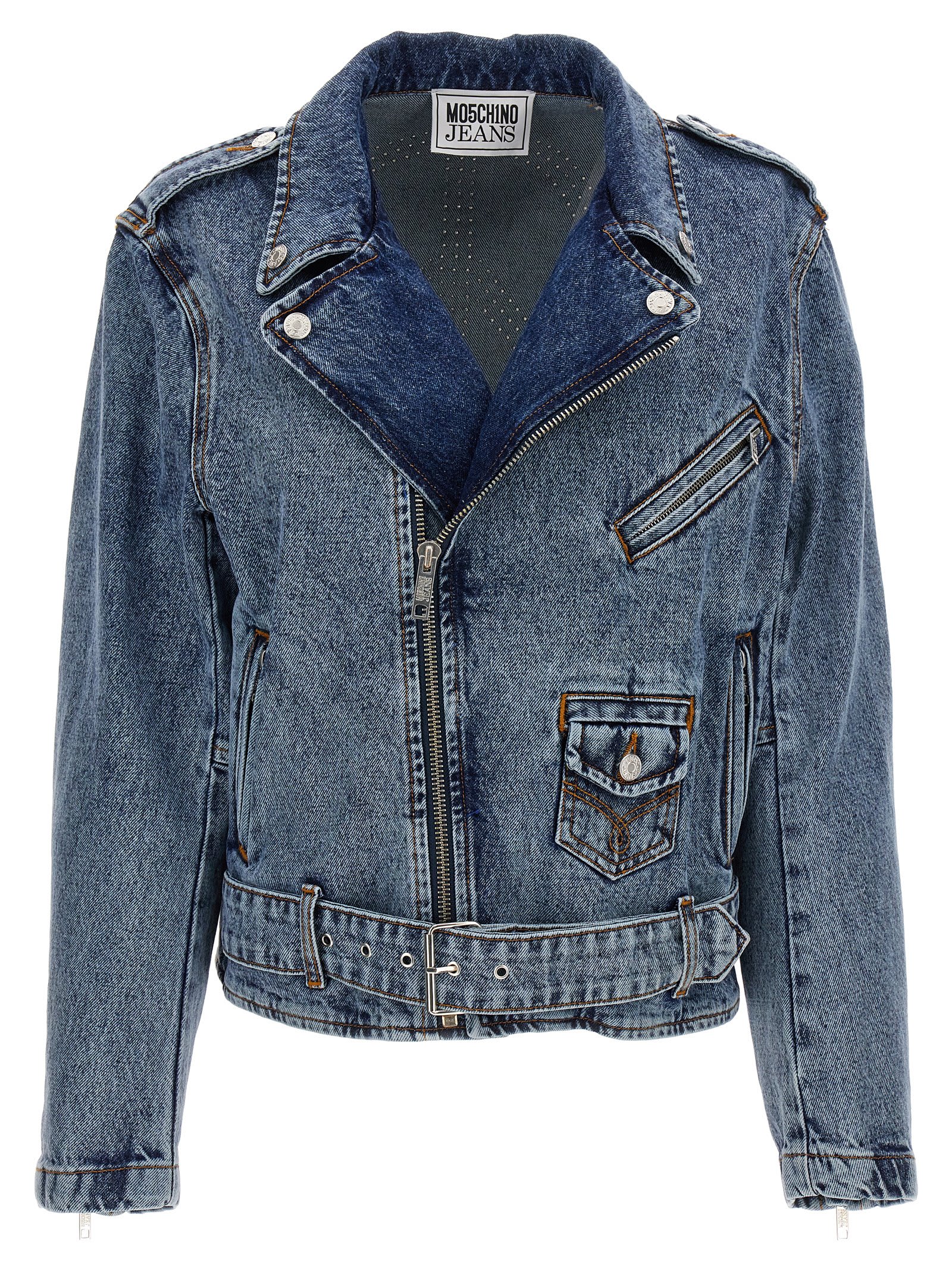 Shop Moschino Crystal Denim Jacket In Blue