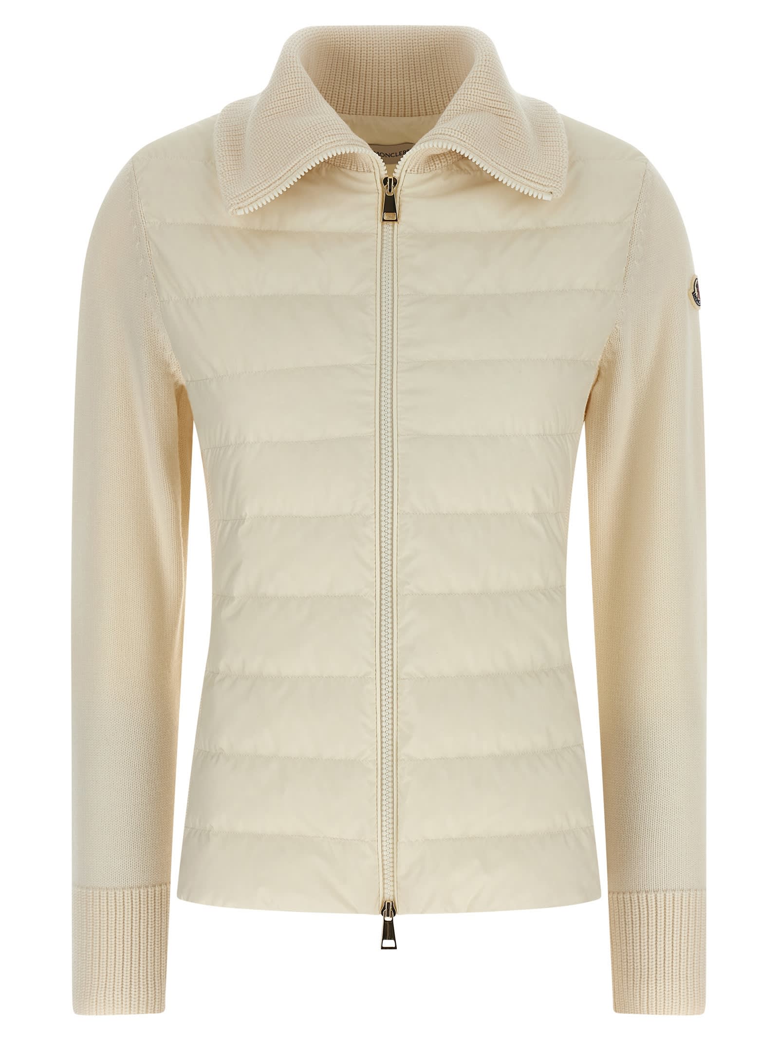 Moncler Two-material Cardigan With Goose Down Padding And High Neck In Neutral
