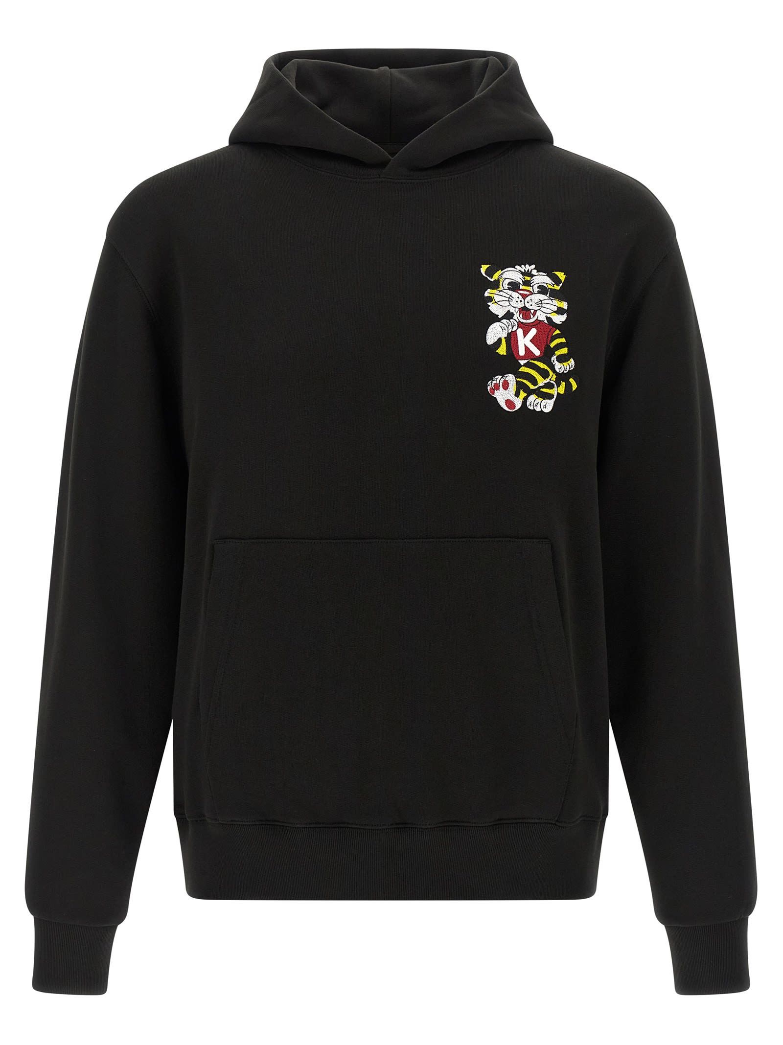 Kenzo Tiger Embroidery Hoodie Ribbed Cuffs Pocket In Black