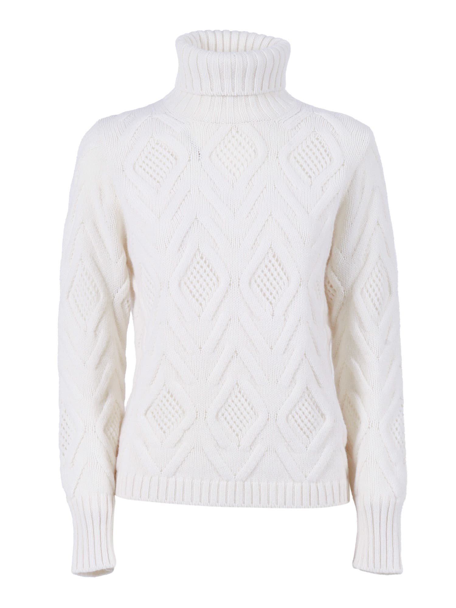 Kangra Cashmere Textured Diamond Pattern Turtleneck Sweater In White