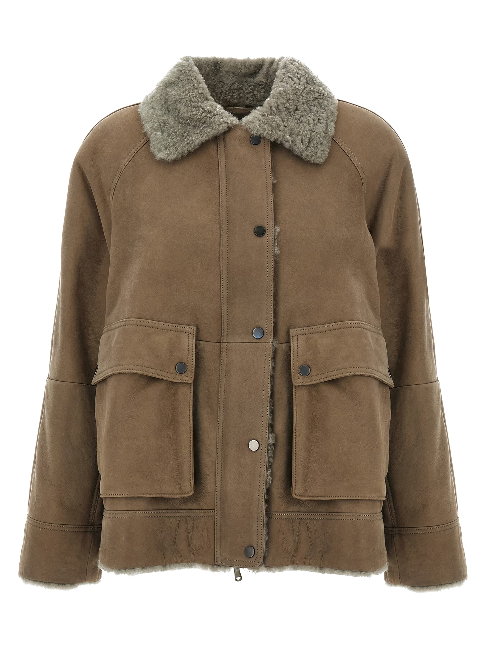 Brunello Cucinelli Shearling Leather Jacket In Neutral