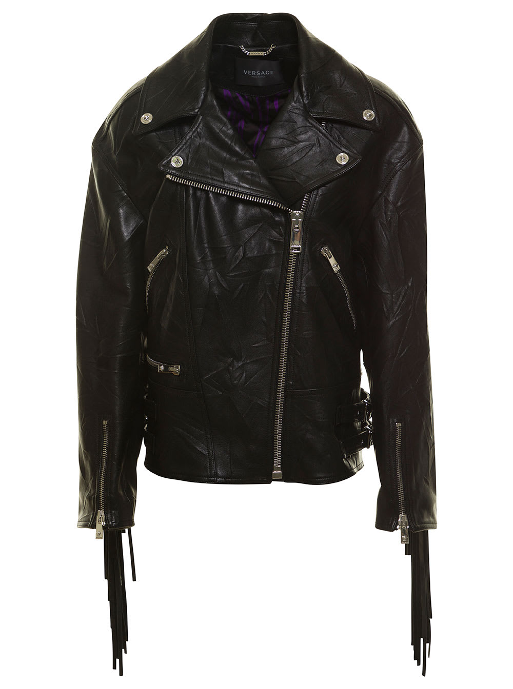 VERSACE BLACK BKER JACKET WITH FRINGES IN LEATHER WOMAN