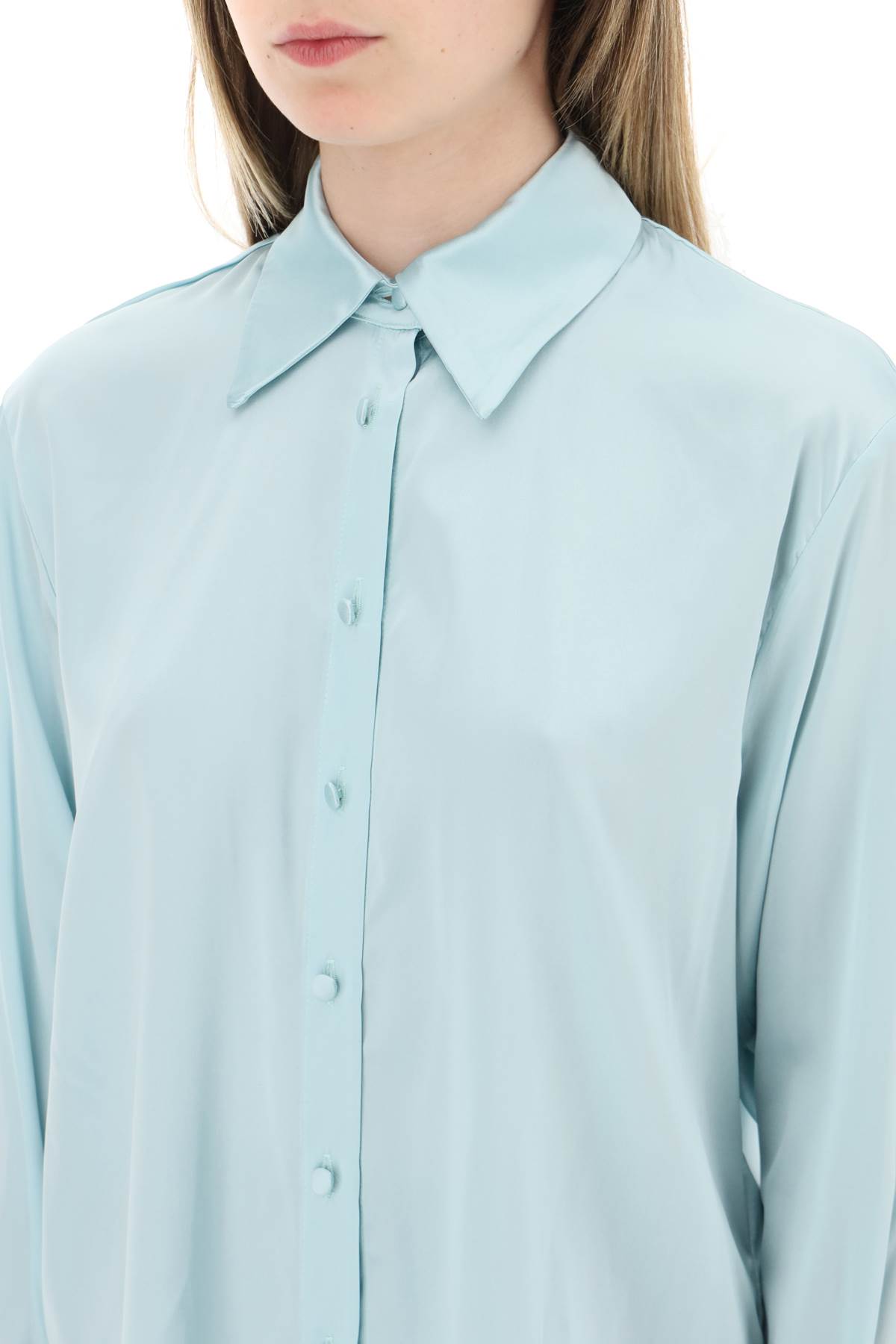 Shop Mvp Wardrobe Sunset Boulevard Satin Shirt In Aloe (light Blue)