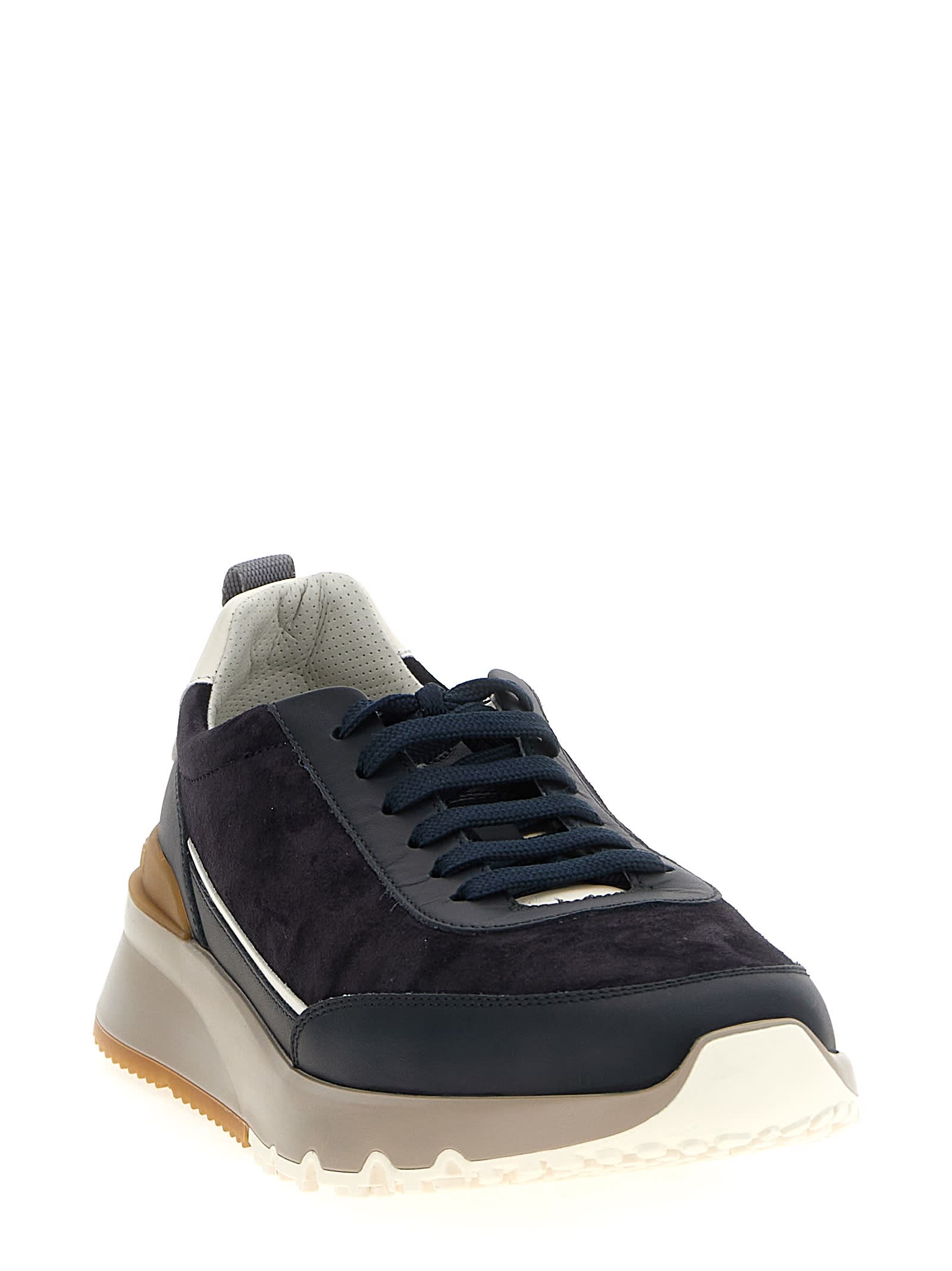 Brunello Cucinelli Suede And Smooth Material Flat Shoes With Contrasting Sole In Black
