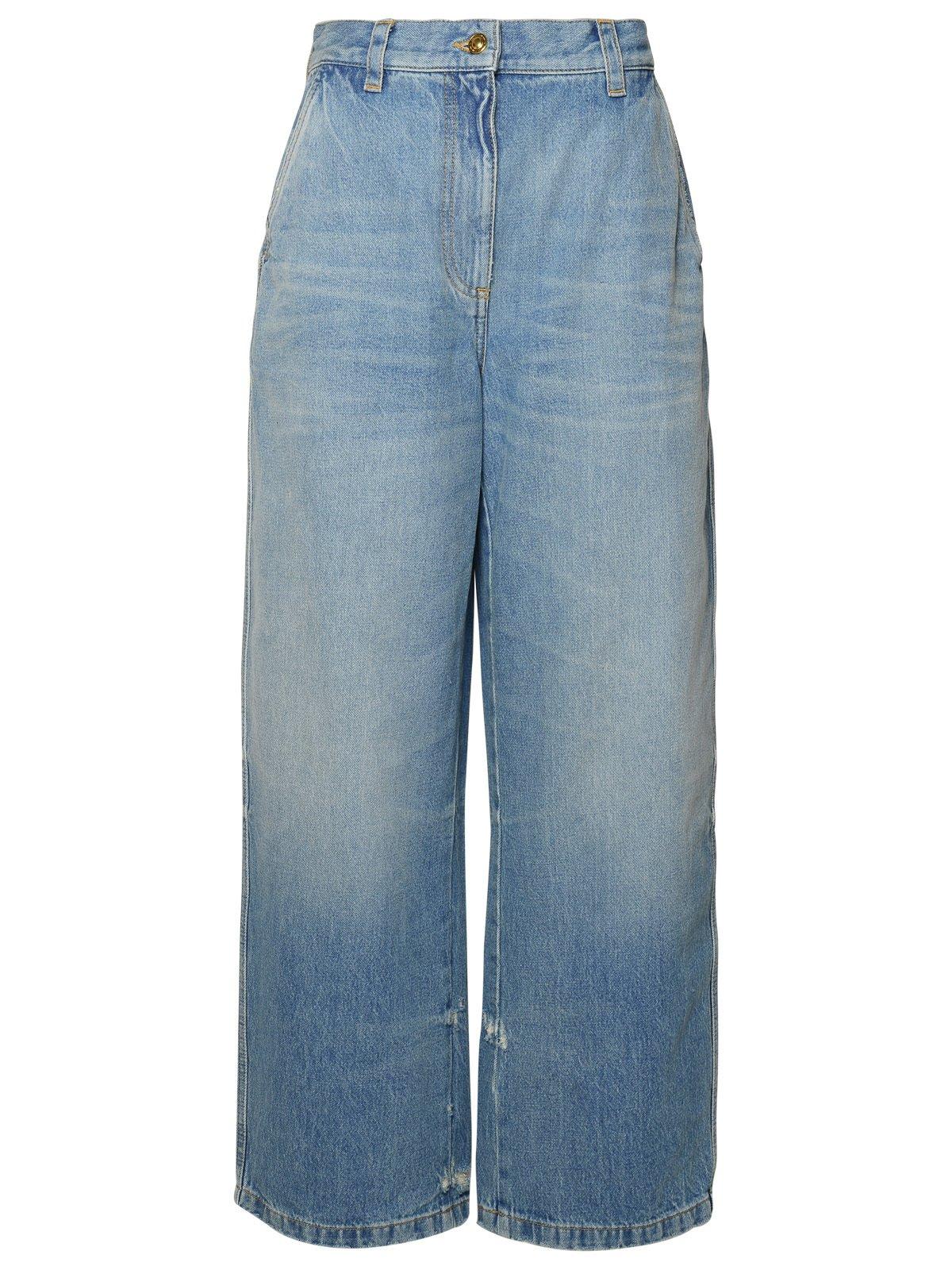 Shop Palm Angels Wide Leg Distressed Jeans In Blu