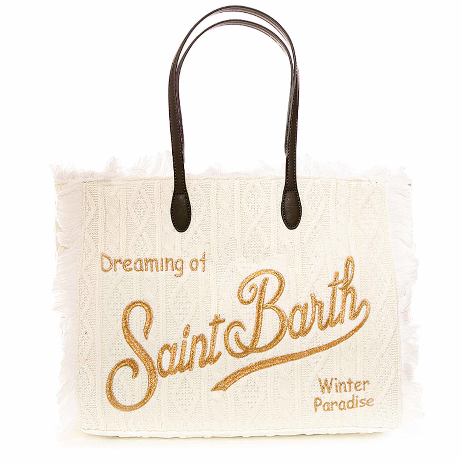 MC2 Saint Barth White Tricot Wool Bag With Embroidered Golden Logo