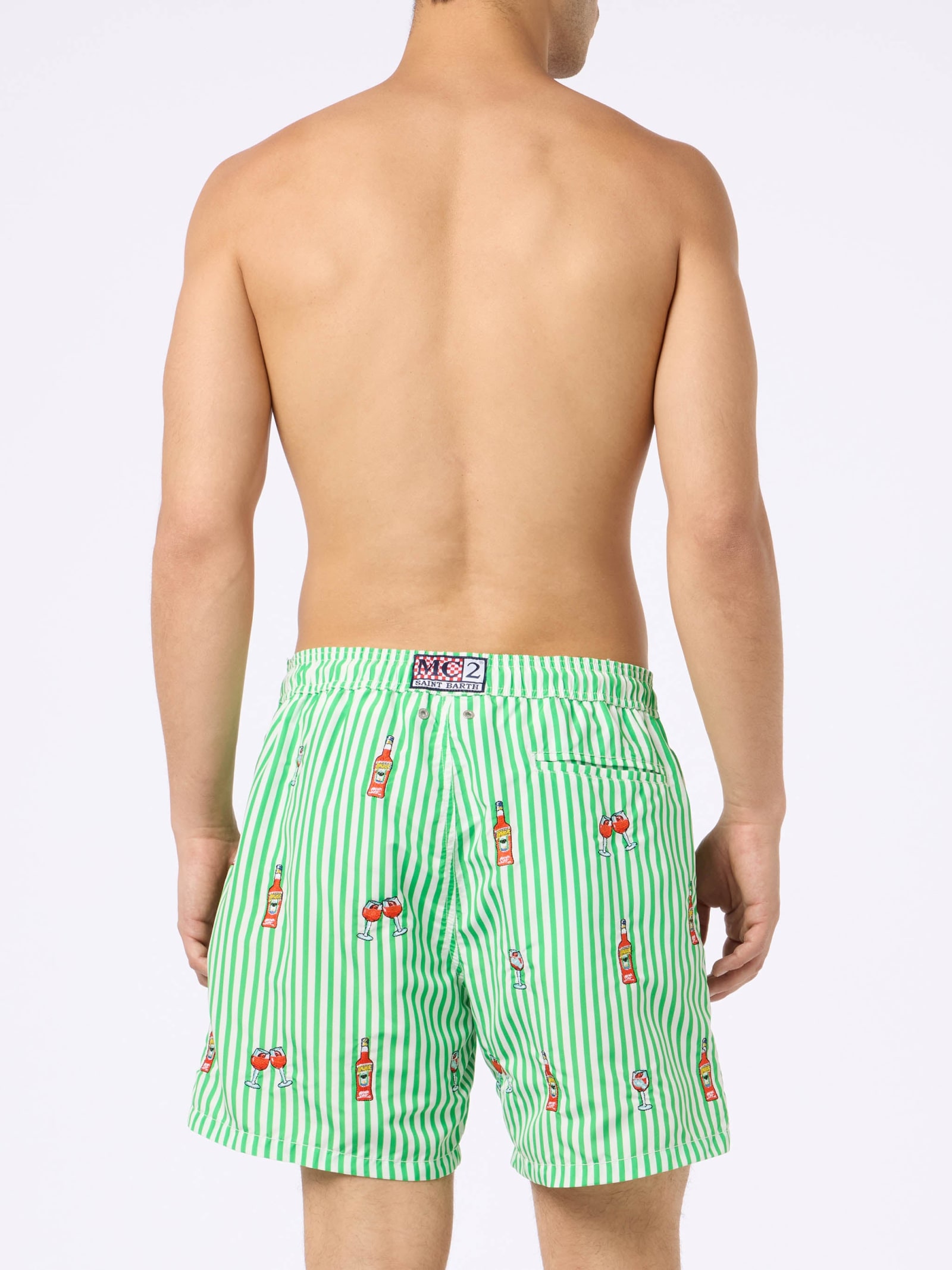 Mc2 Saint Barth Man Mid-length Striped Gustavia Swim-shorts With Aperol Spritz Embroidery Aperol Special Edition In White