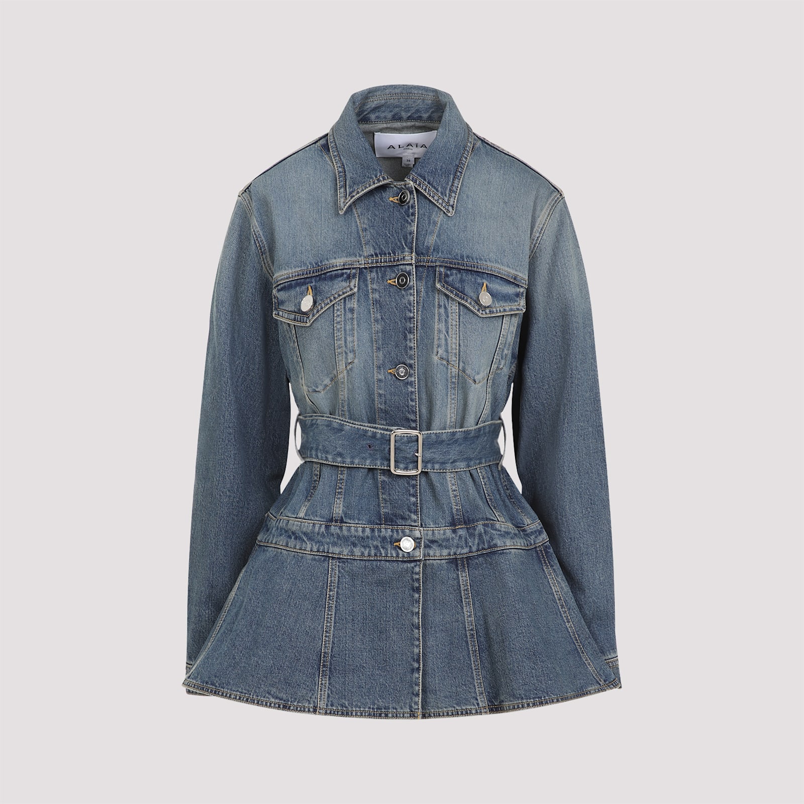Alaïa Womens Bleu Vintage Peplum-hem Belted Denim Jacket In Bleu Vintage