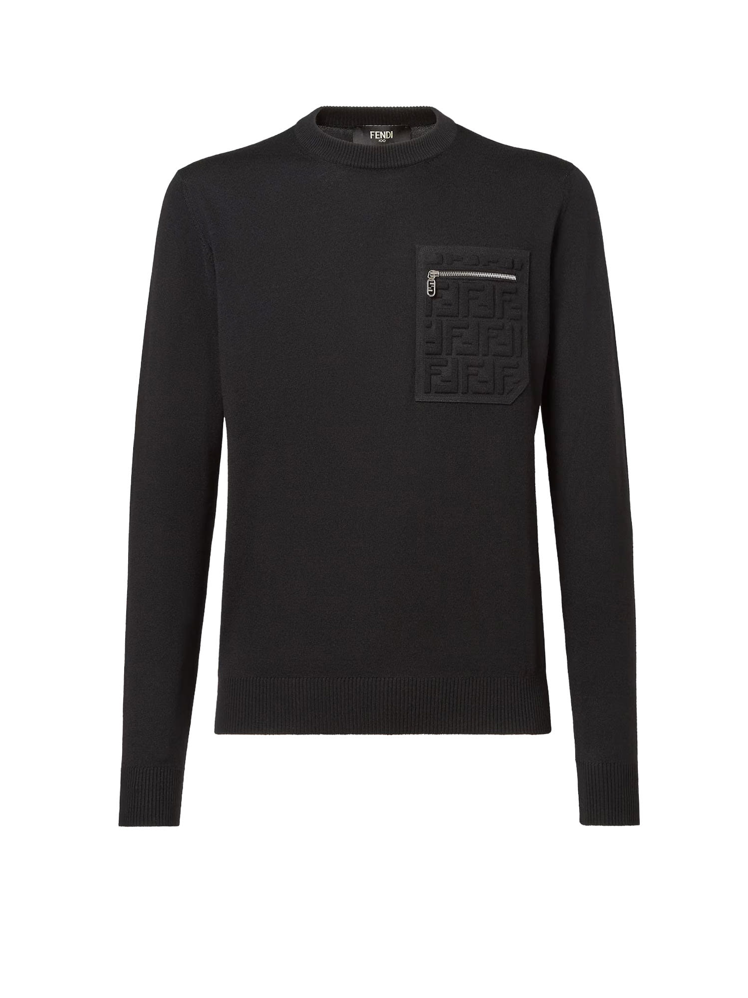 Fendi Knit Sweater With Ribbed Cuffs And Pocket In Gray