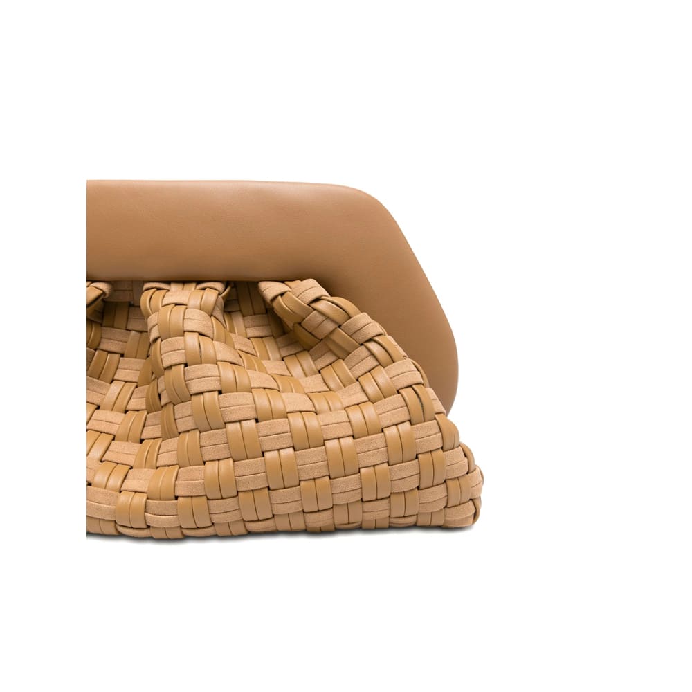 Themoirè Tia Clutch Bag In Biscuit With Woven Suede Motif And Shoulder Strap In Neutral