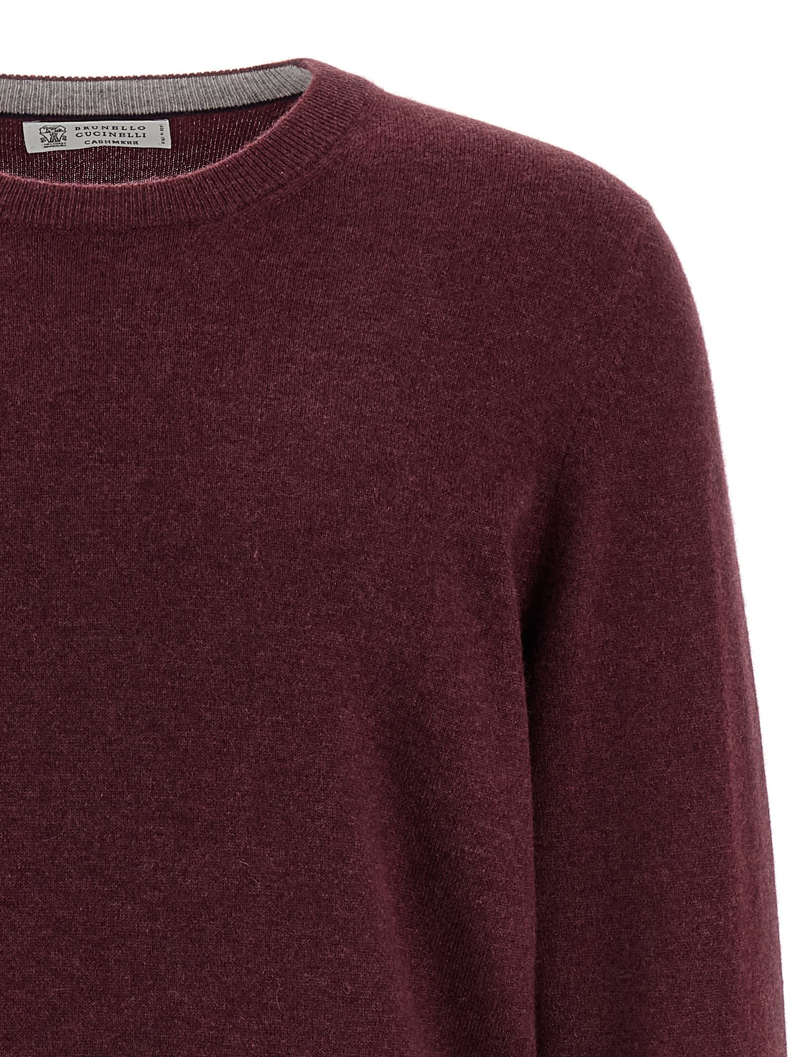 Brunello Cucinelli Cashmere Crew-neck Sweater Ribbed Profiles In Burgundy