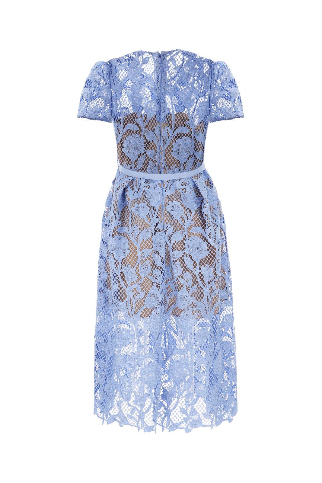 Shop Self-portrait Lace Detailed Short-sleeved Midi Dress In Blu