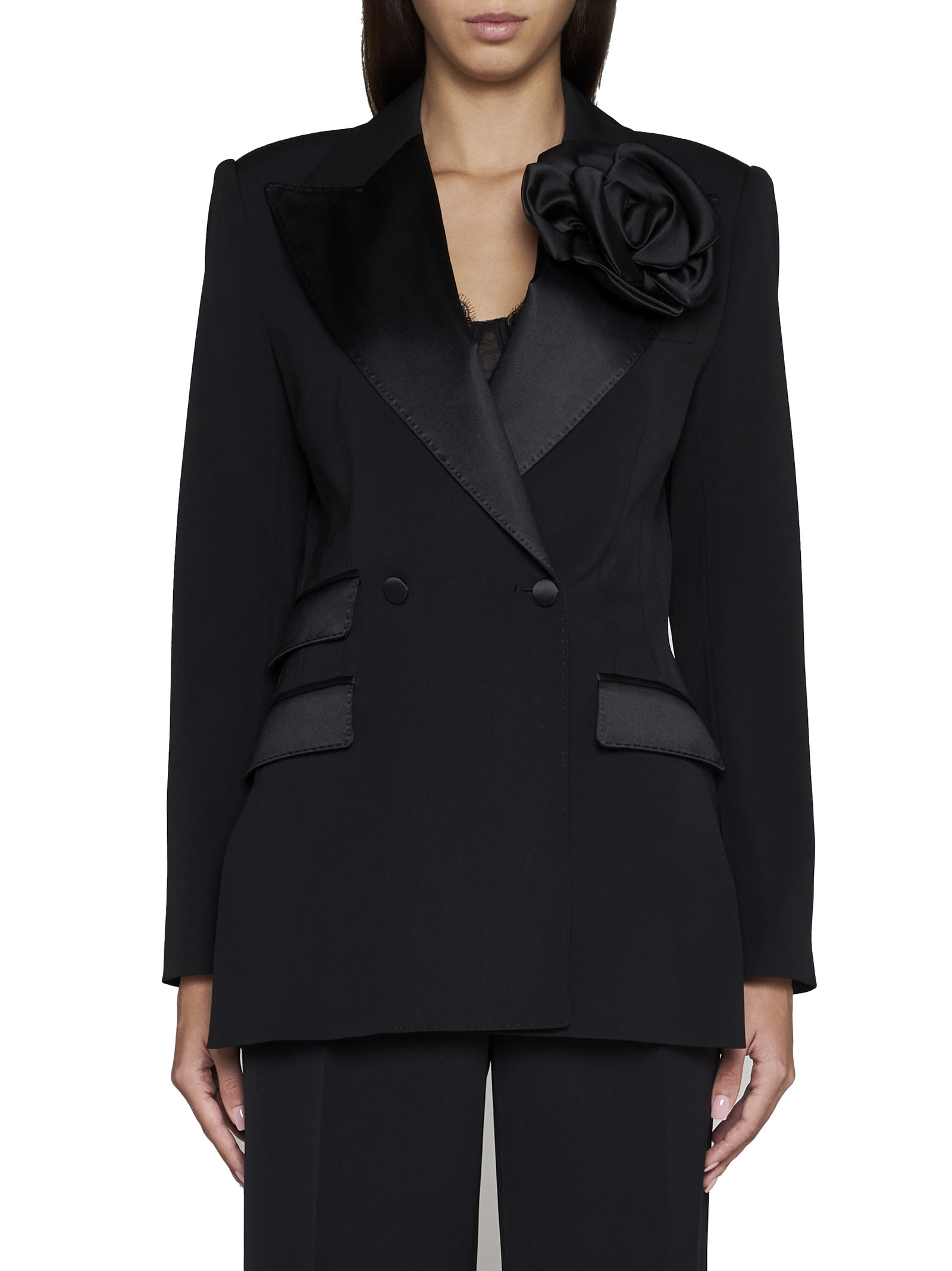 Shop Dolce & Gabbana Double-breasted Jacket With Applied Flower In Nero