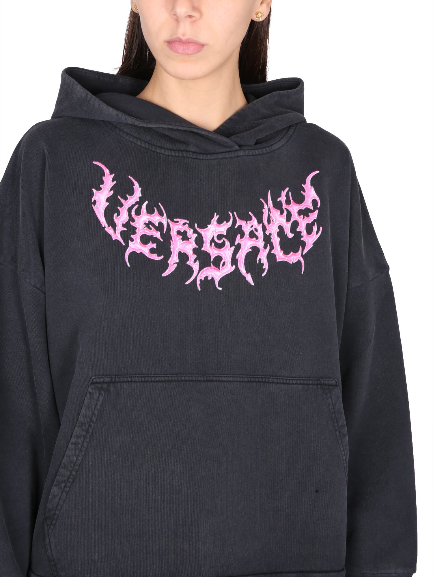 Shop Versace Hooded Sweatshirt With Logo In Black