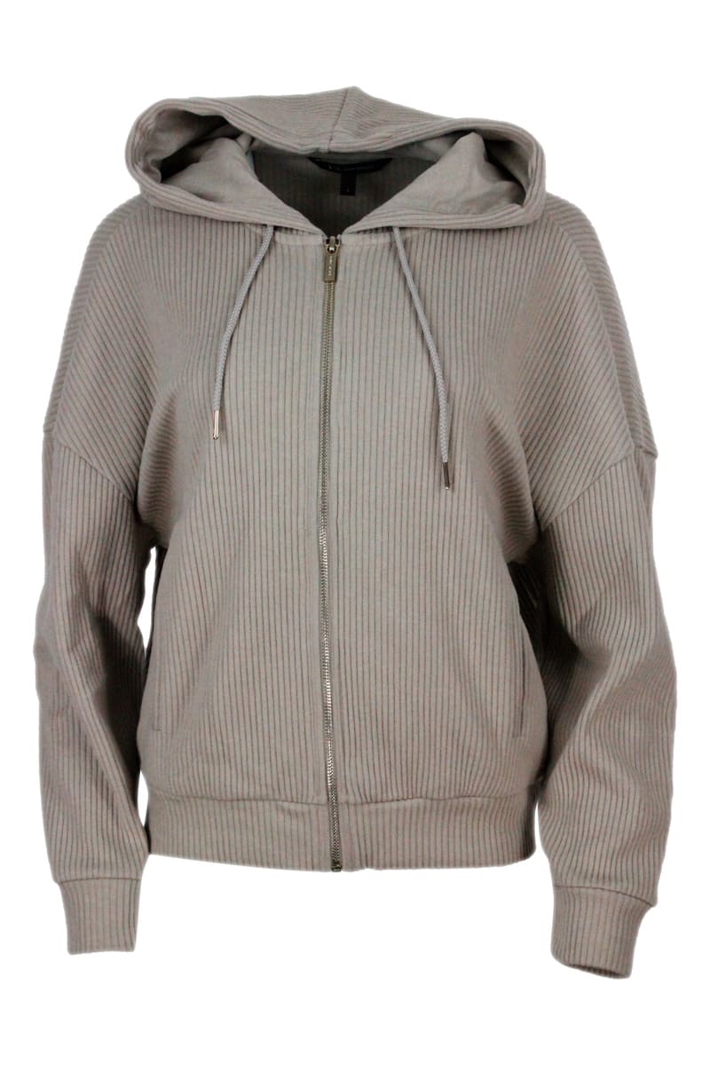 Armani Collezioni Sweatshirt-style Sweater With Zip And Hood With Long Sleeves With Velvet Ribbed Effect
