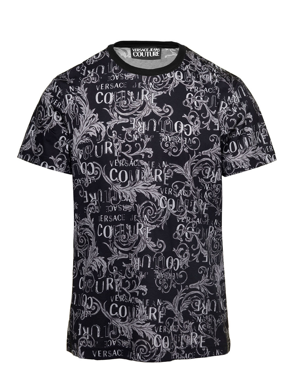 VERSACE JEANS COUTURE BLACK CREWNECK T-SHIRT WITH ALL-OVER BAROQUE LOGO PRINT IN COTTON JERSEY MAN VERSCE JEANS COUTURE