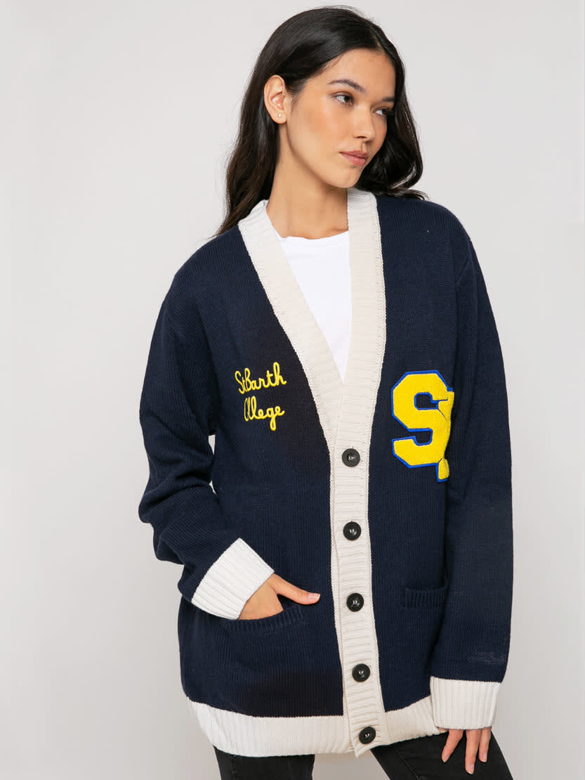 Mc2 Saint Barth Knitted Cardigan With Patch And St. Barth College Embroidery In Blue