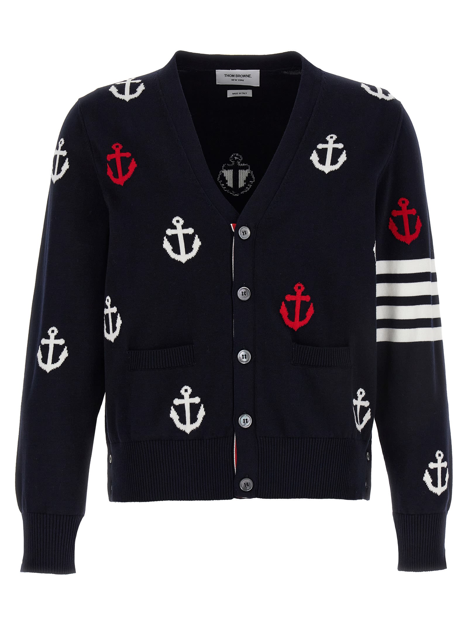 Thom Browne 4-bar Anchor Print Cardigan In Blue