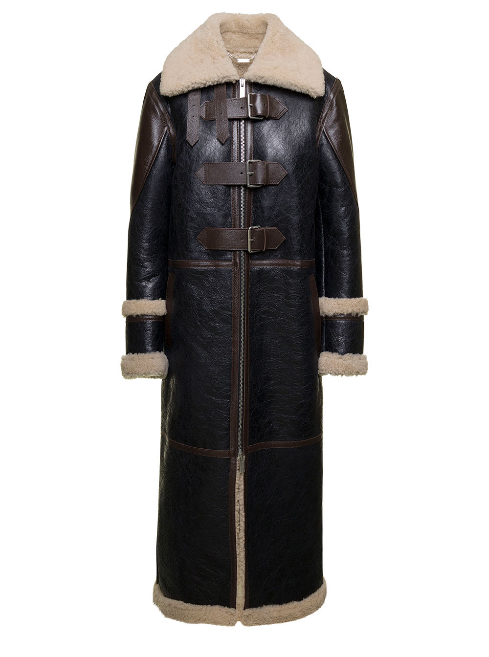 BLUMARINE BLACK AND BROWN COAT WITH OVERSIZED COLLAR IN LEATHER WOMAN