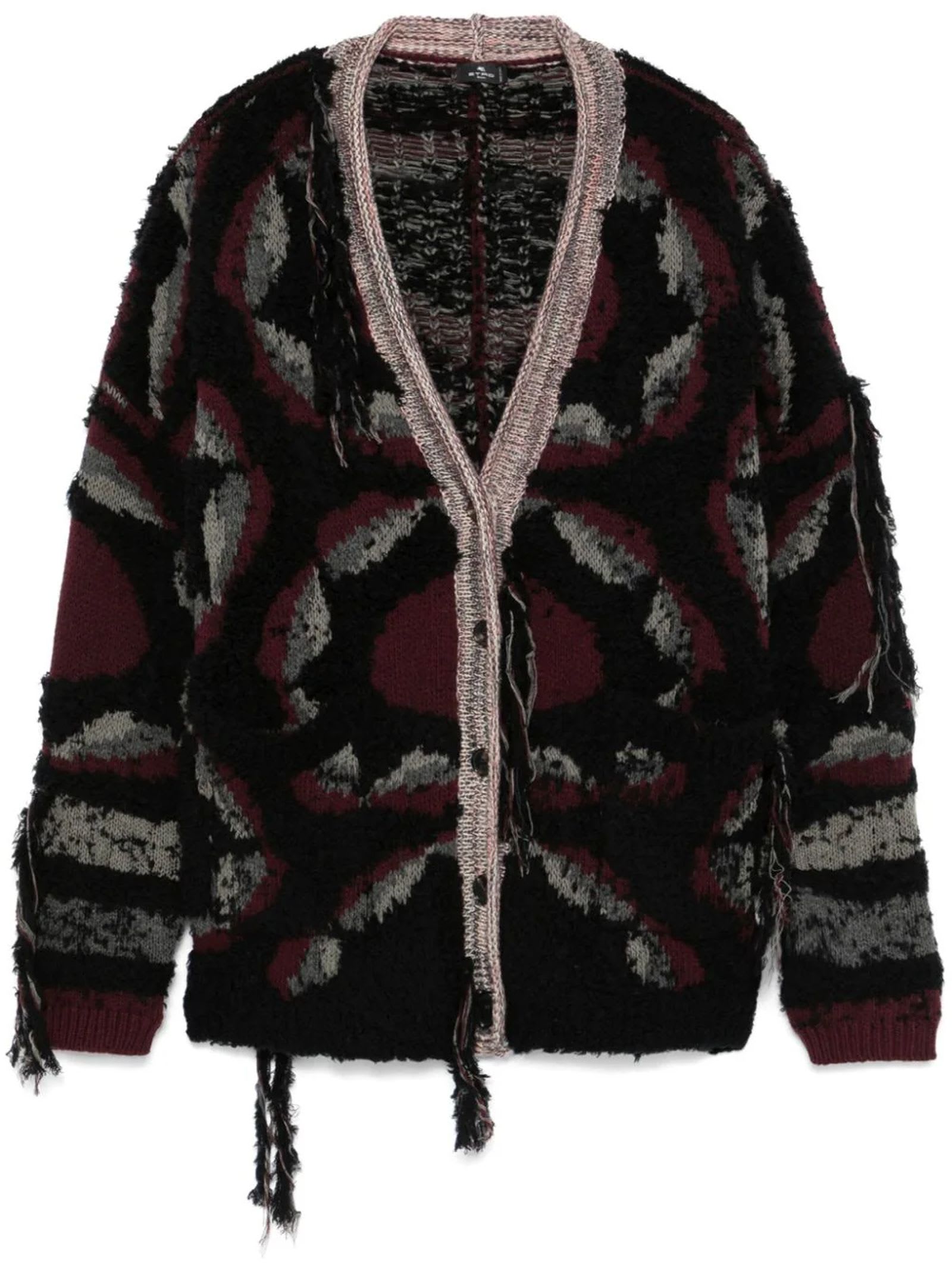 Shop Etro Black And Multicolour Wool Blend Cardigan