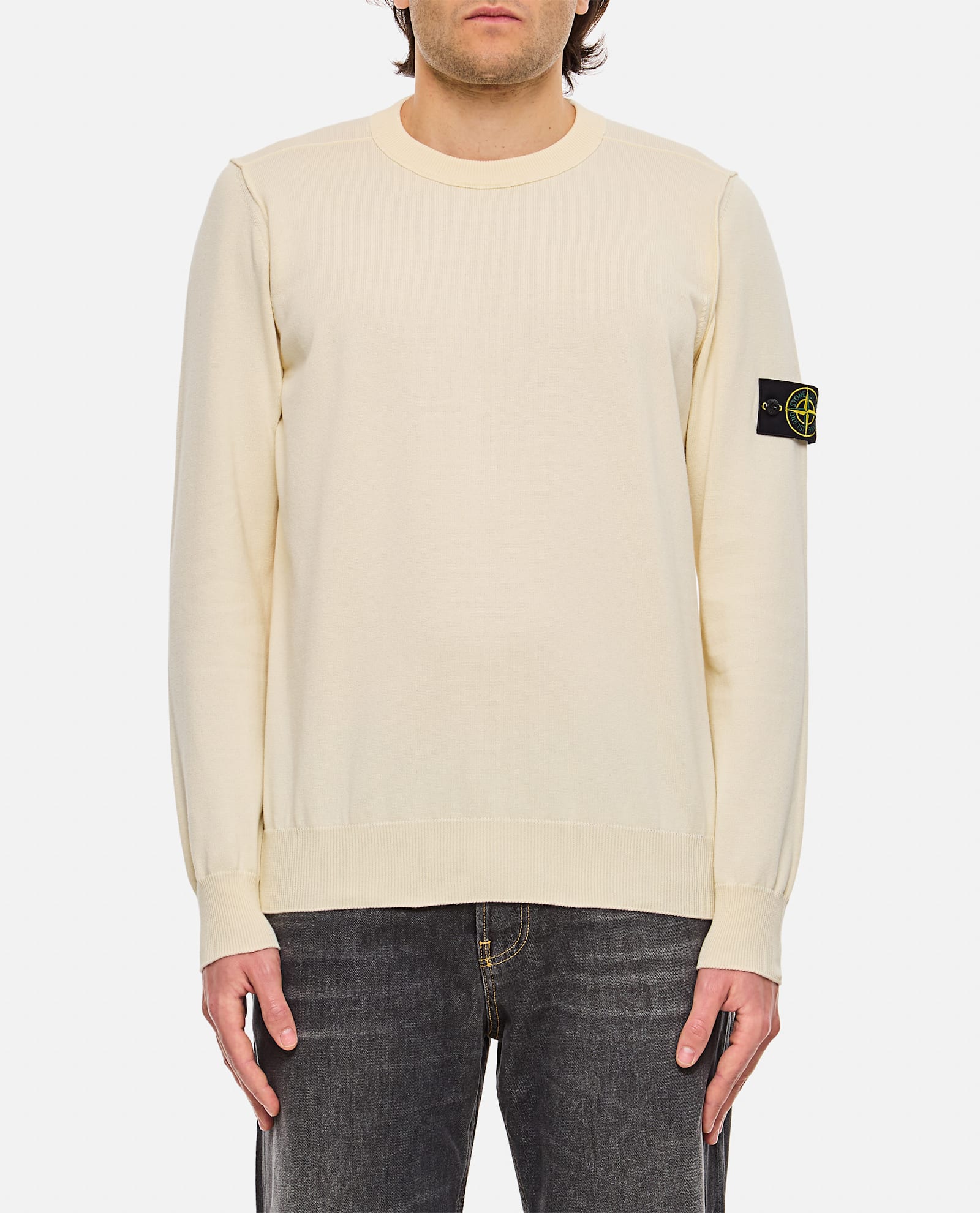 Mens Cream Cotton Crew Neck Sweater - Stone Island