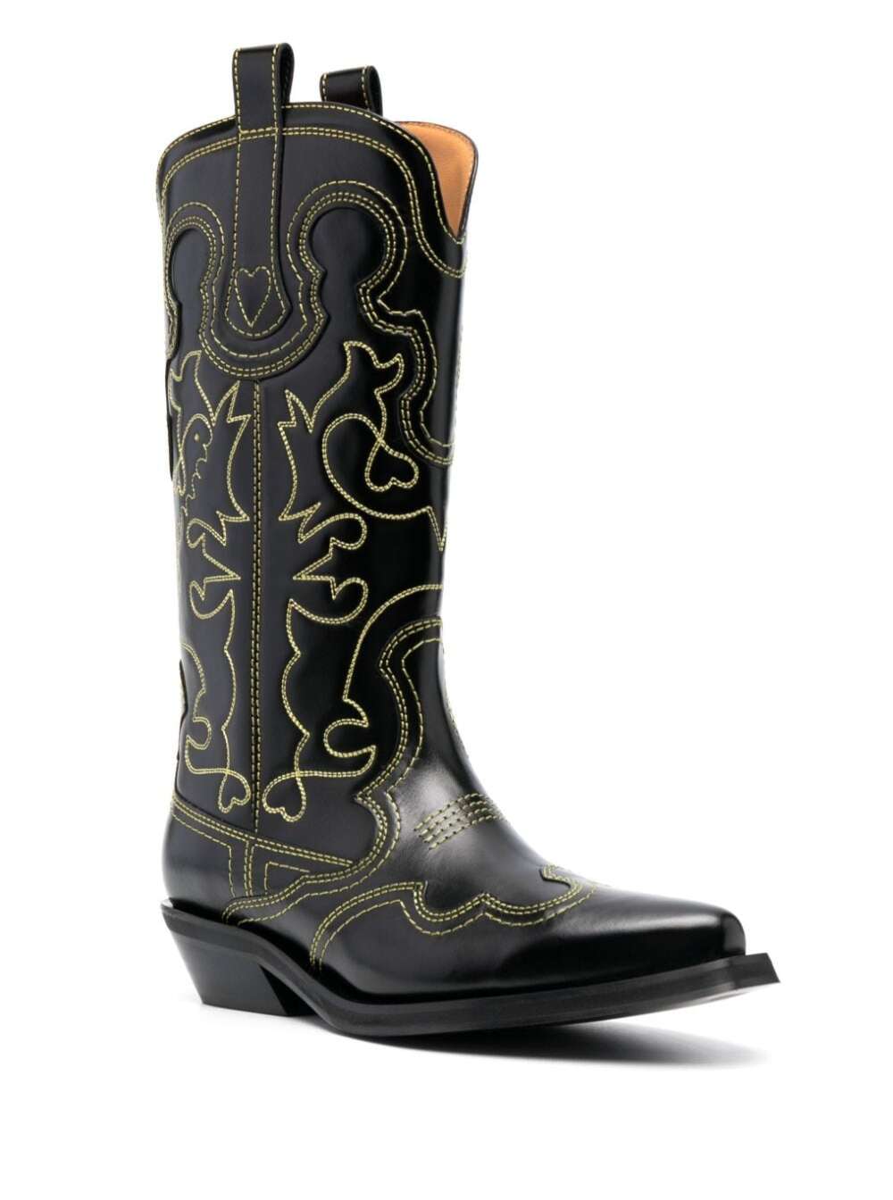 Shop Ganni Black Cowboy Boots With Contrasting Embroidered Stitching In Leather Woman