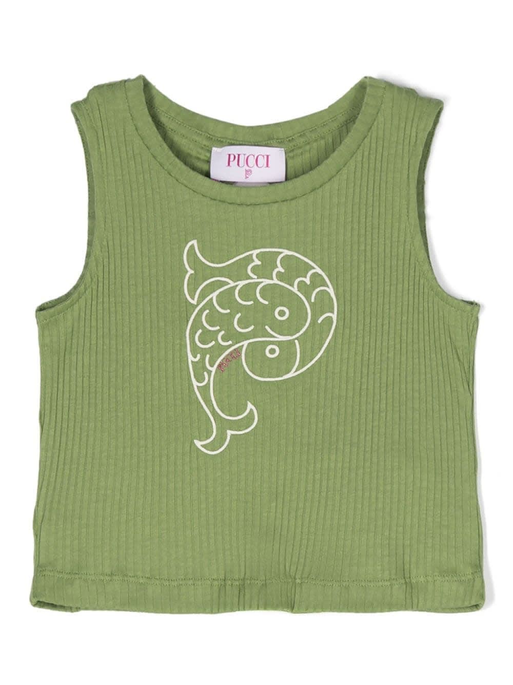 Shop Pucci Green Ribbed Tank Top With Fish Motif