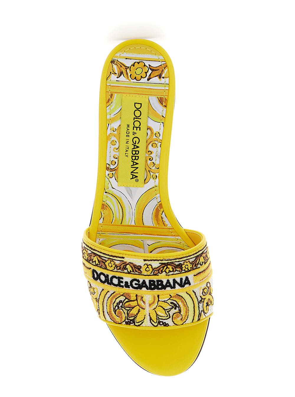 Shop Dolce & Gabbana Yellow Sliders With Embroidered Majolica Pattern In Cotton And Leather Woman