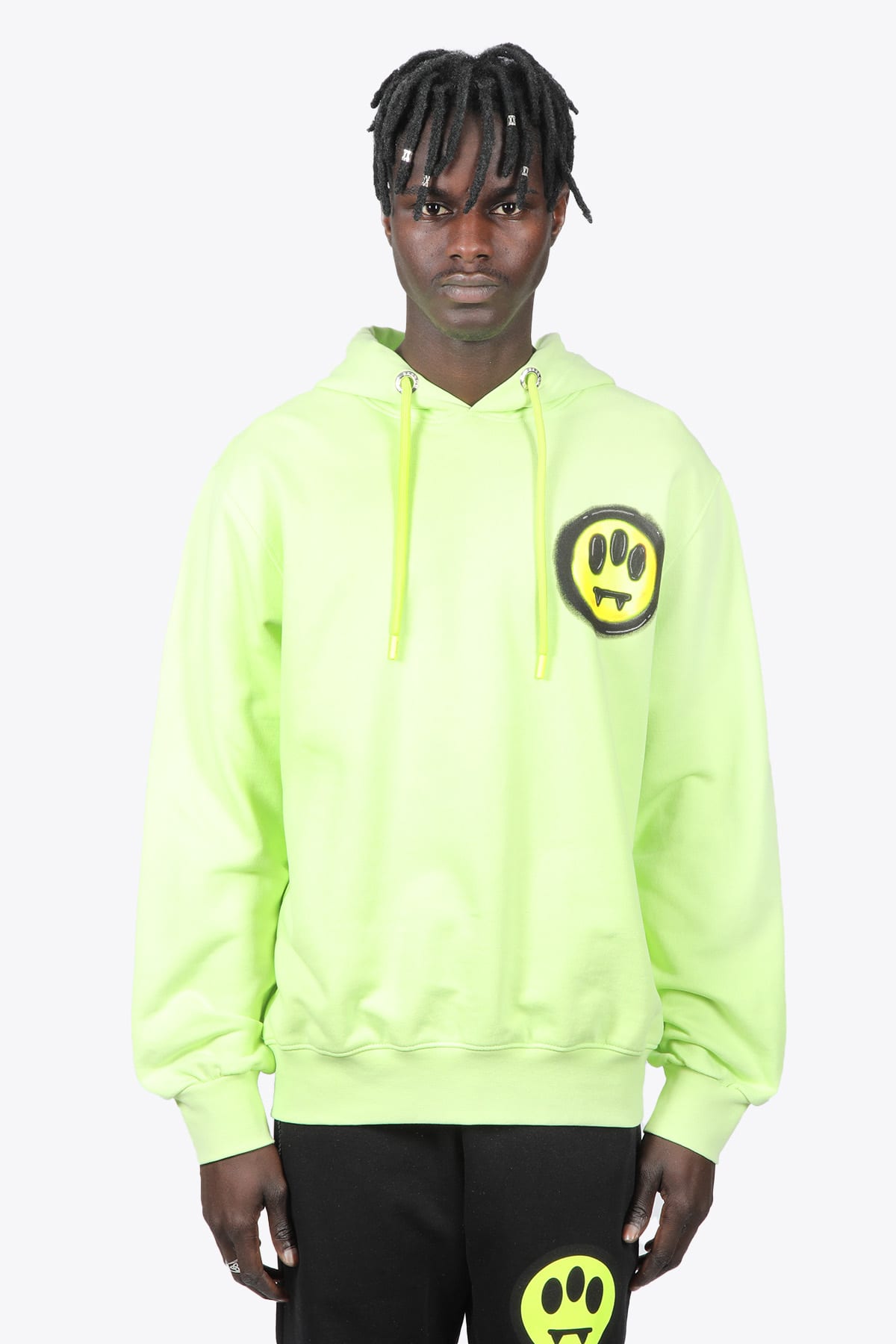 Barrow Hoodie Unisex Yellow hoodie with logo print on front and multicolor smile print on back