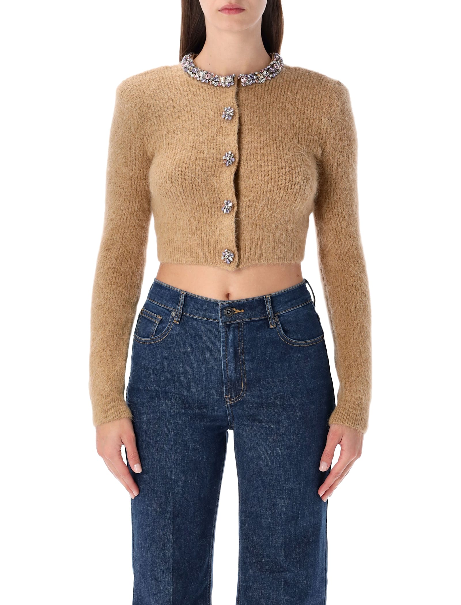 Self-portrait Camel Alpaca Cropped Cardigan With Crystal Trims In Brown