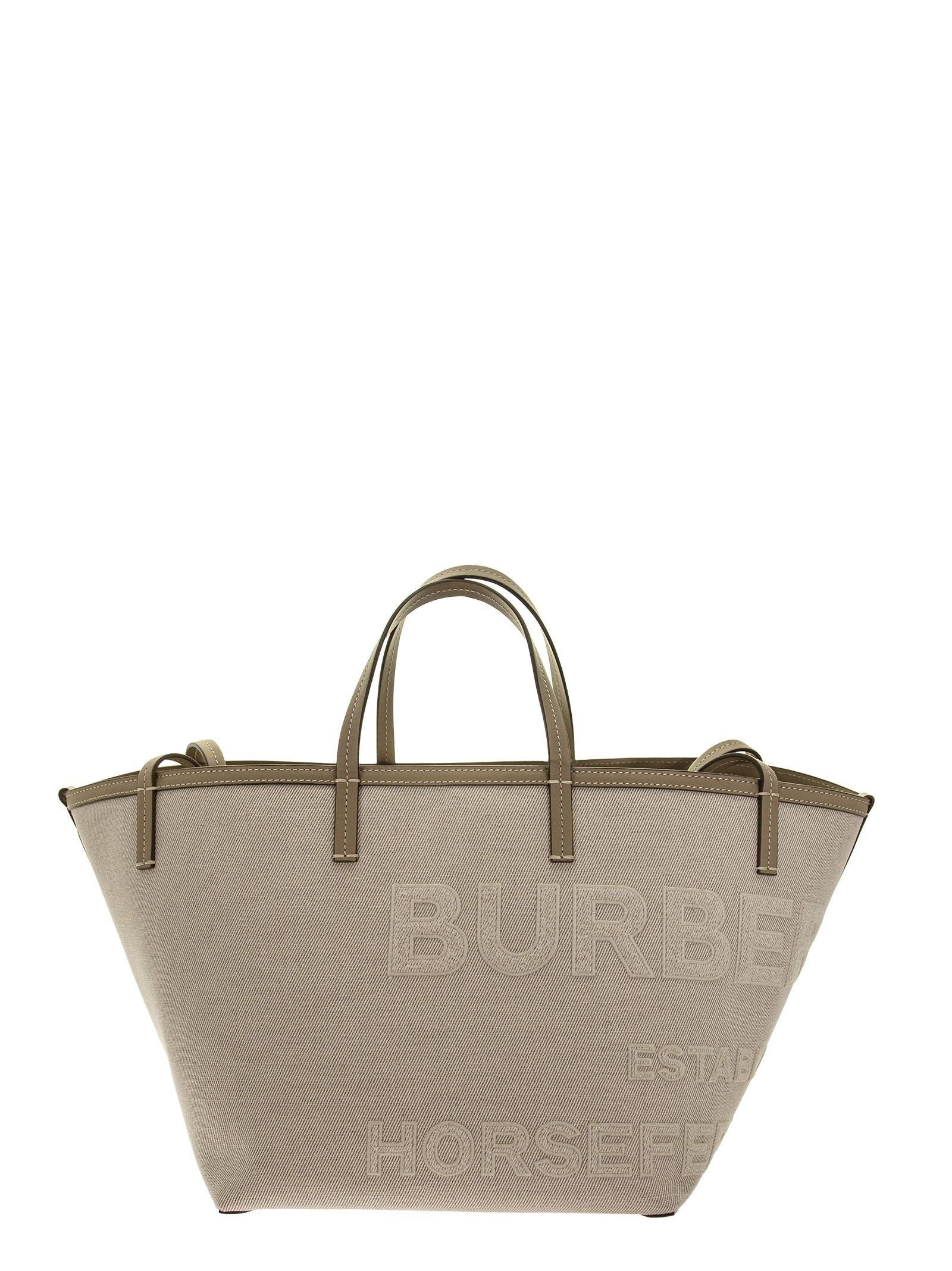 Burberry Mini Beach Tote In Cotton And Linen Canvas With Horseferry Lettering
