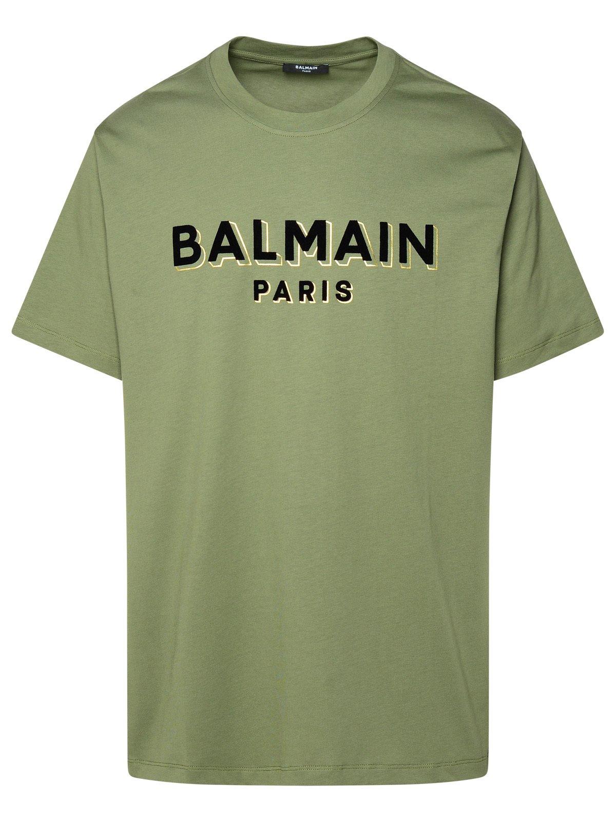Shop Balmain Logo Printed Crewneck T-shirt In Kaki/noir/or