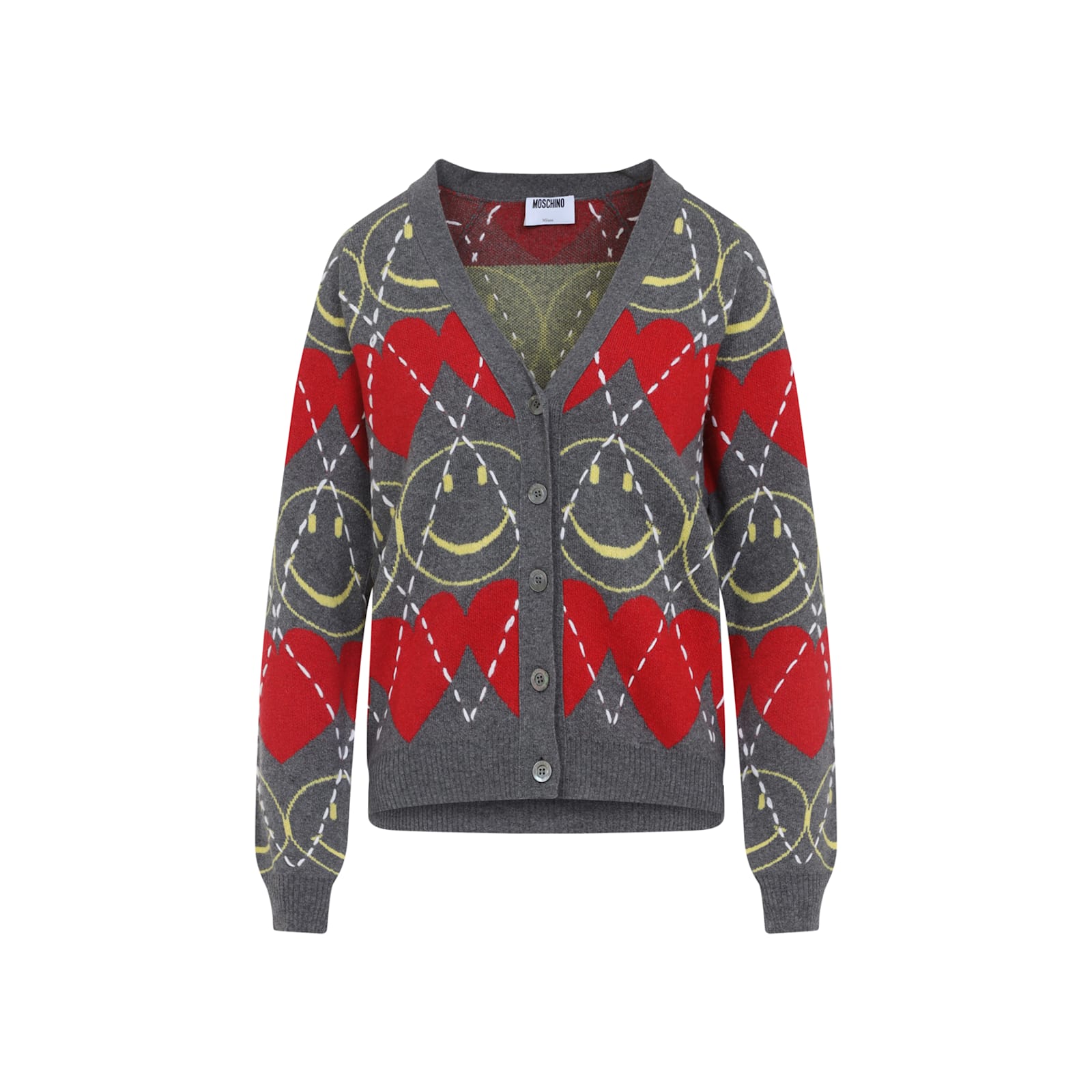 Moschino Jacquard Smile Wool Blend Cardigan