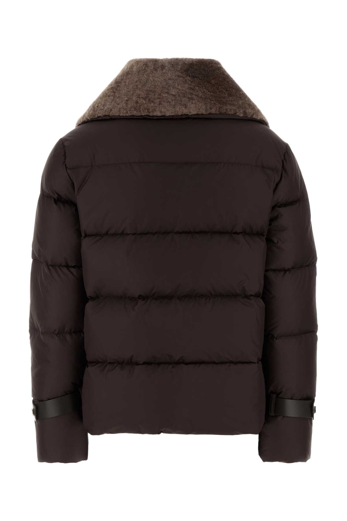 Fendi Women Brown Down Jacket With Shearling Collar And Logo Patch On The Front In Tech Fabric Woman In Brown
