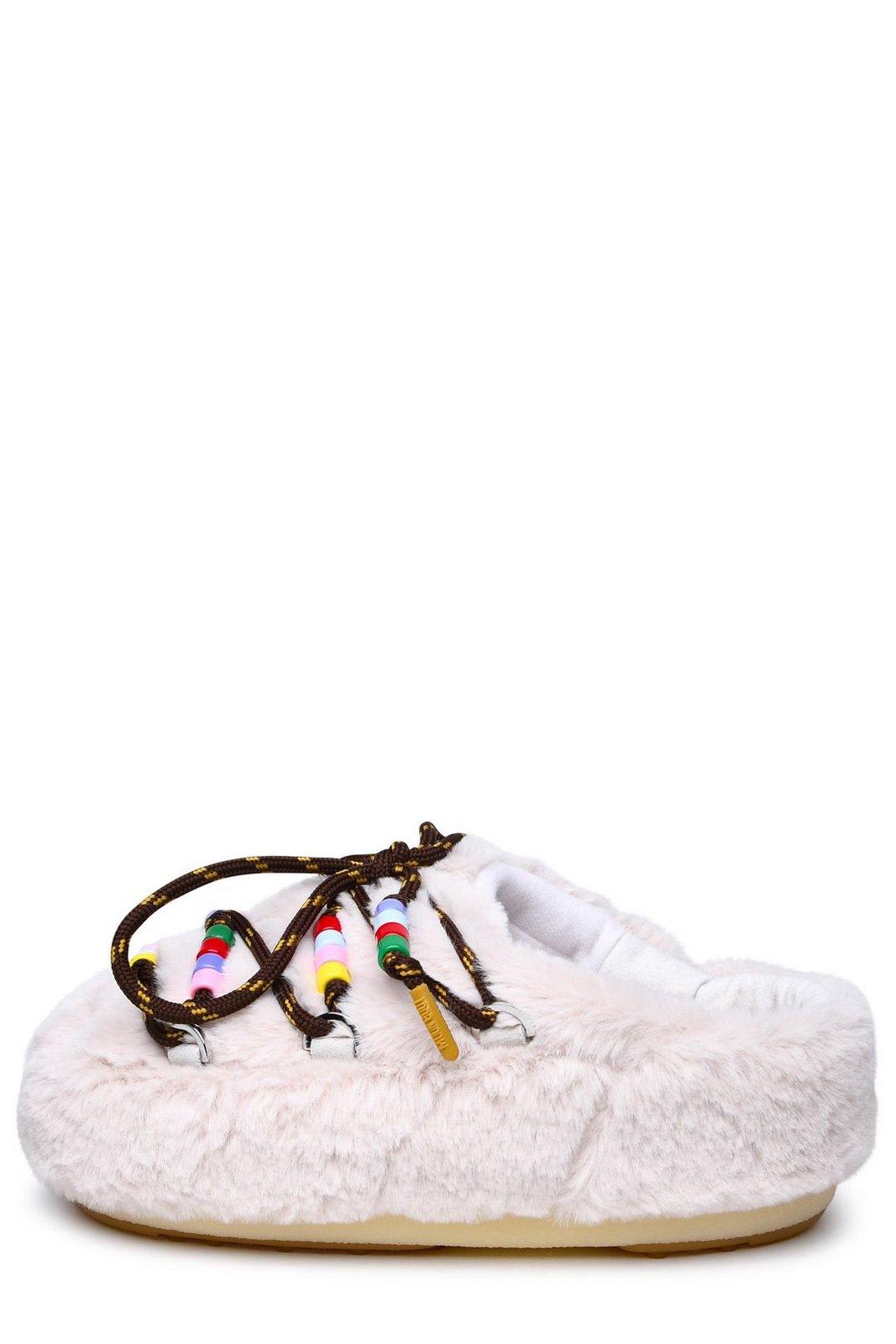 Shop Moon Boot Faux-fur Bead-embellished Lace-up Fastened Mules In White