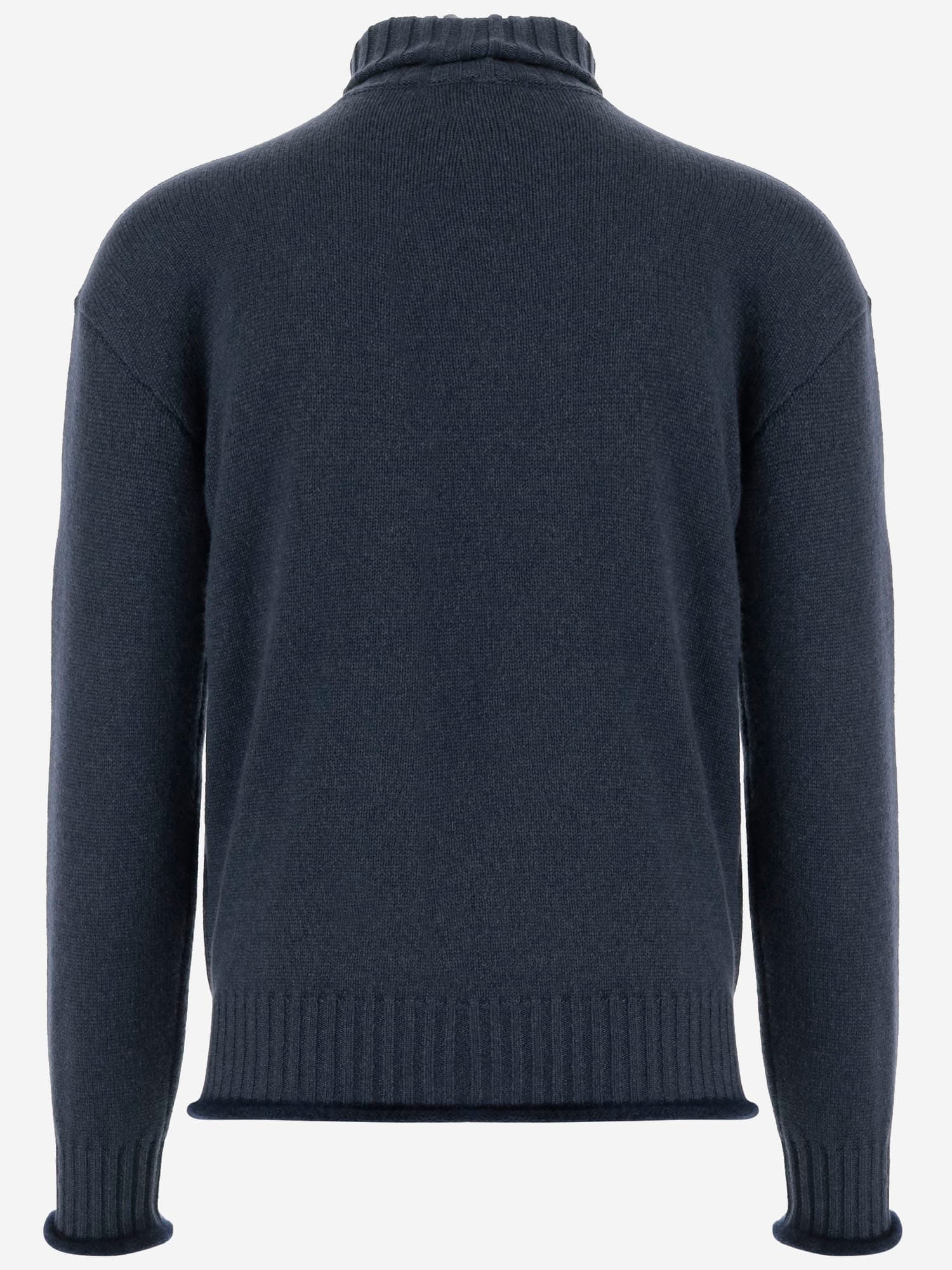 Giorgio Armani Ribbed High Neck Cashmere Sweater With Semi-rolled Edges In Blue
