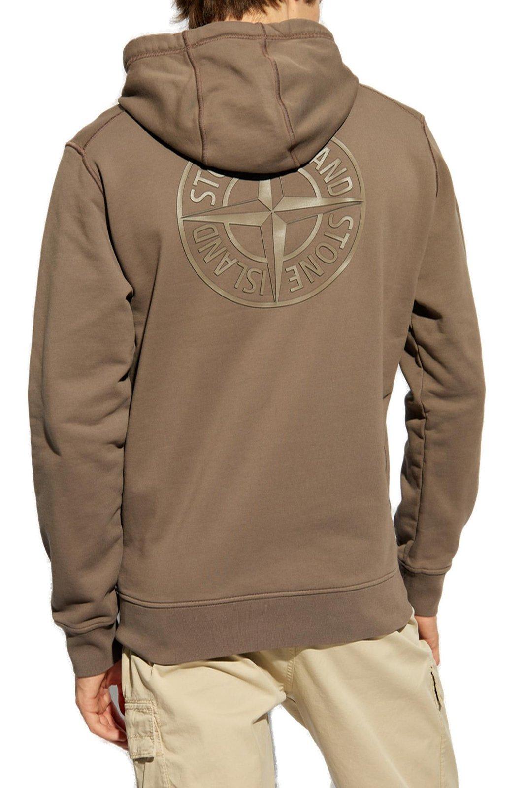Stone Island Logo Printed Drawstring Hoodie In Walnut