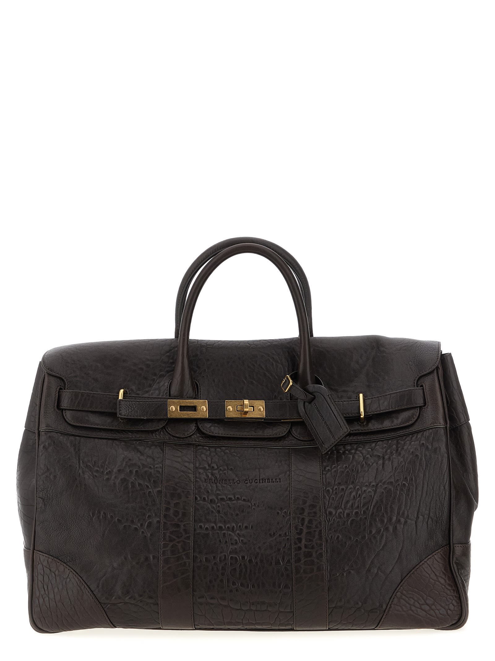 Brunello Cucinelli Men Country Leather Bag With Texture Grain In Multi