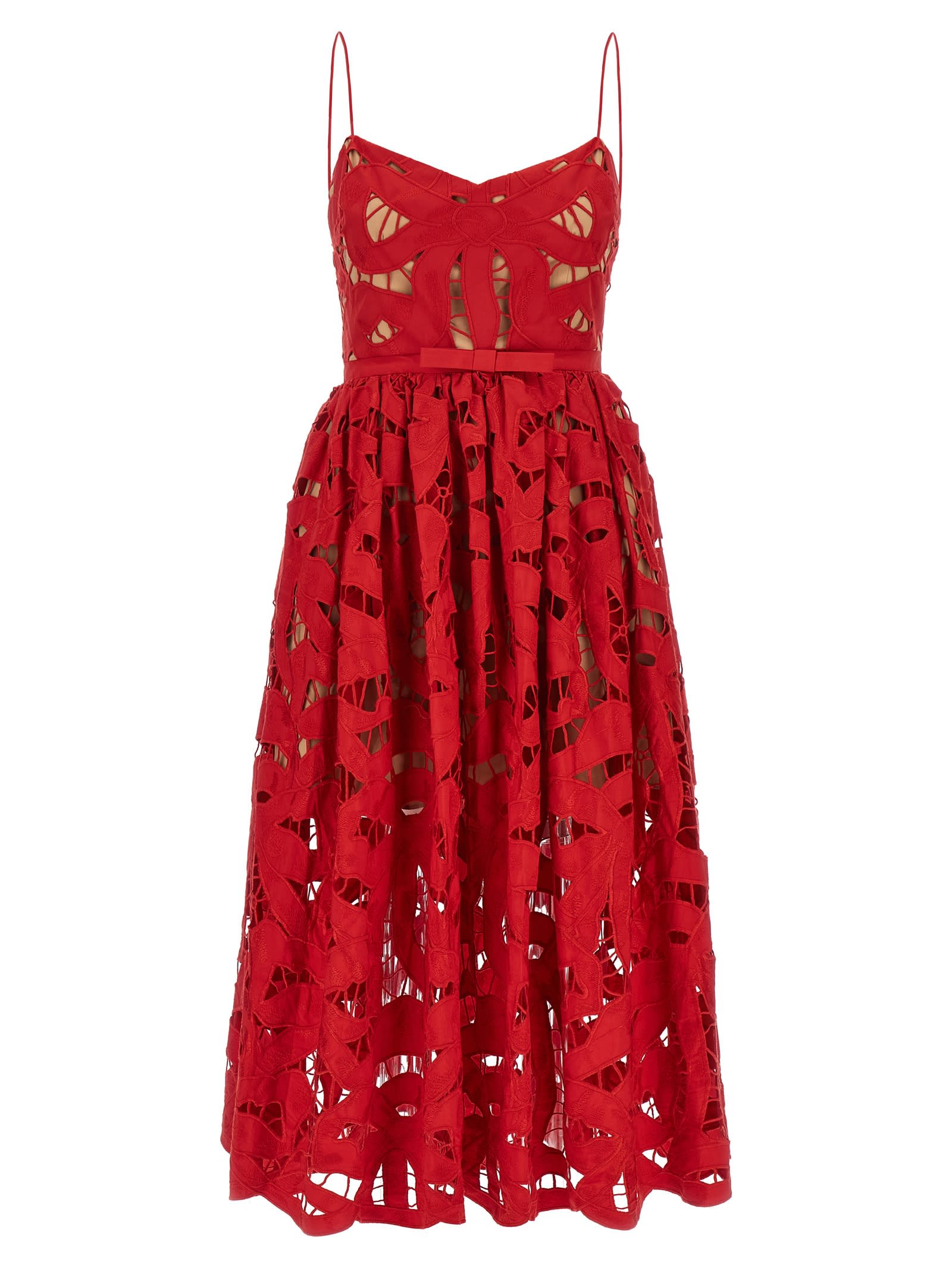 red Bow Embroidered Midi Dress
