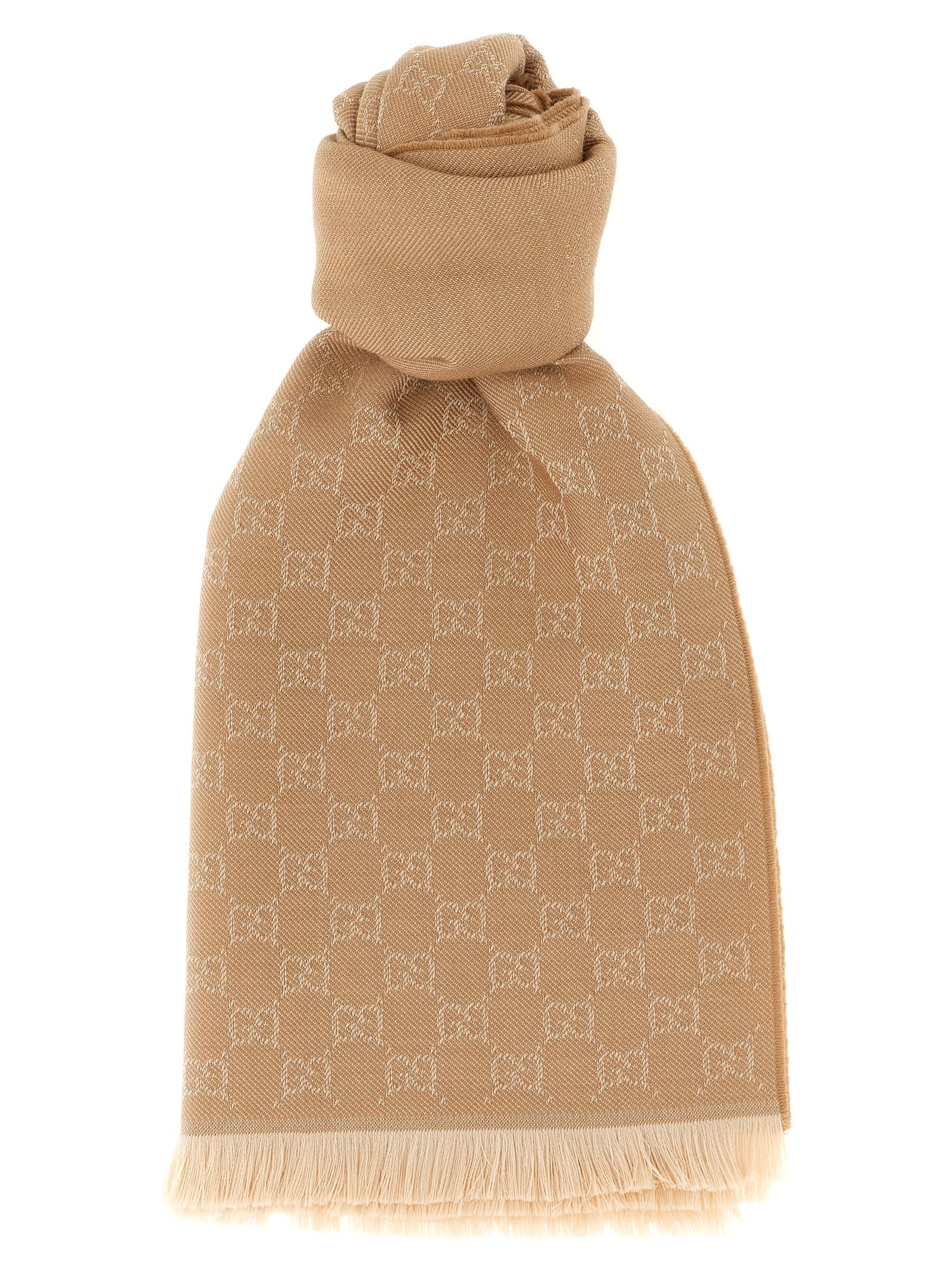 Gucci Gg Wool Scarf Scarves And Foulards Beige In Brown