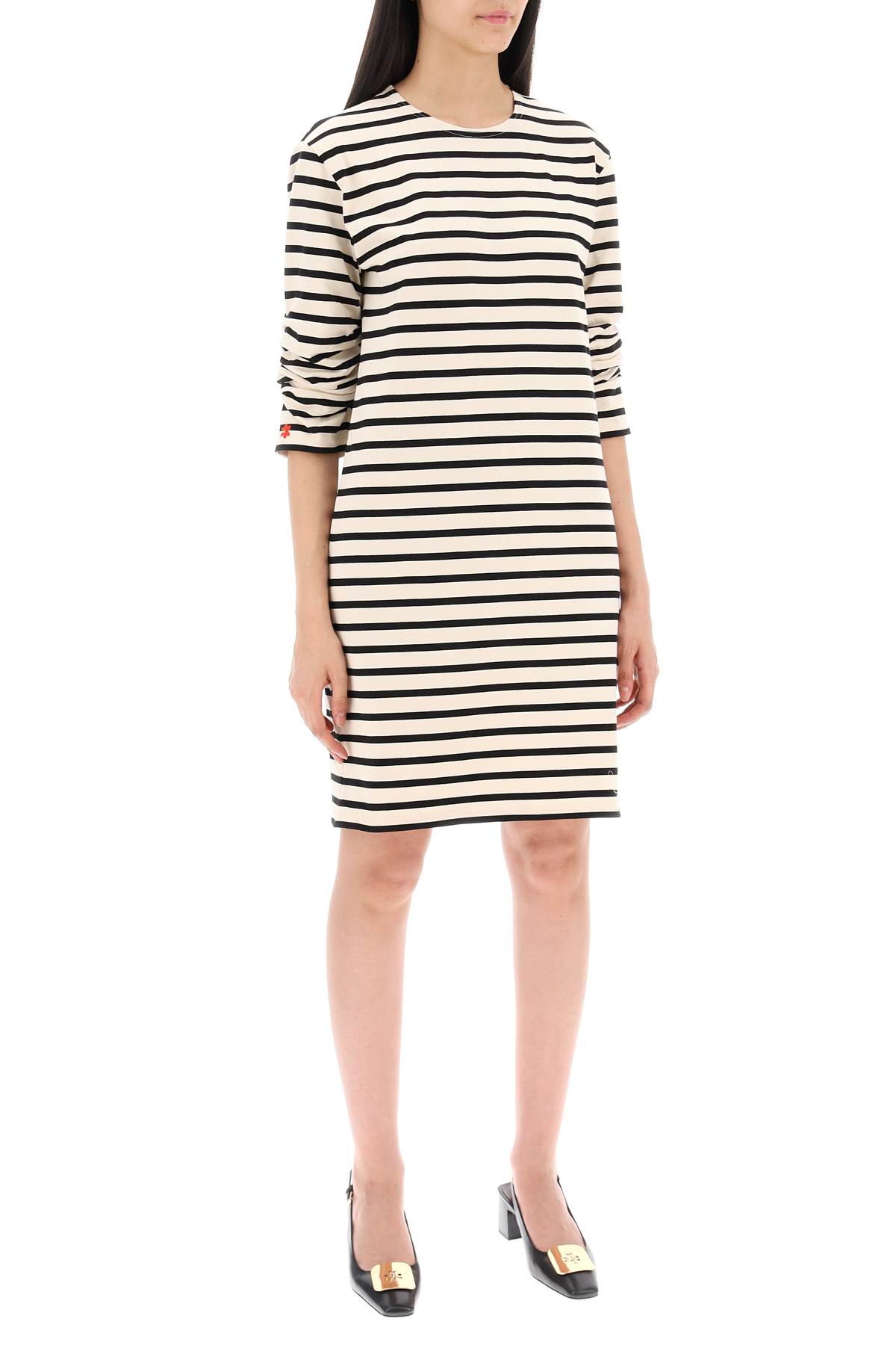 Shop Tory Burch Striped Cotton Dress With Eight In Ivory / Black (white)