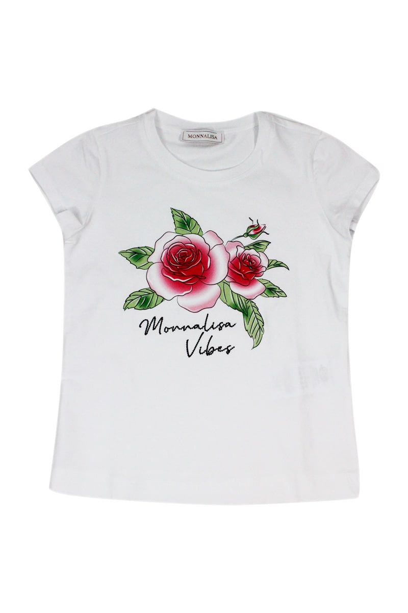 Monnalisa Kids' Short Sleeve Crewneck T-shirt With Pink Print In White