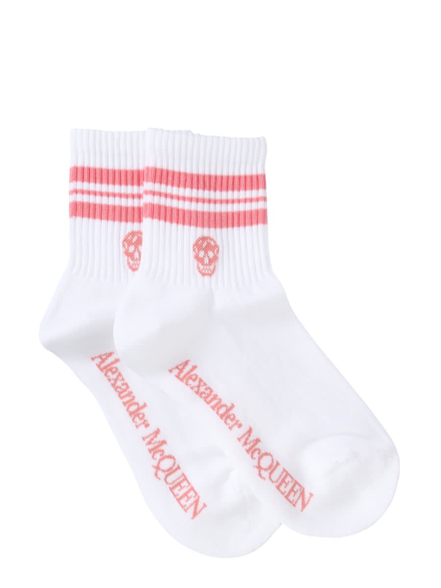 Shop Alexander Mcqueen Sock With Sporty Stripes And Skull In White