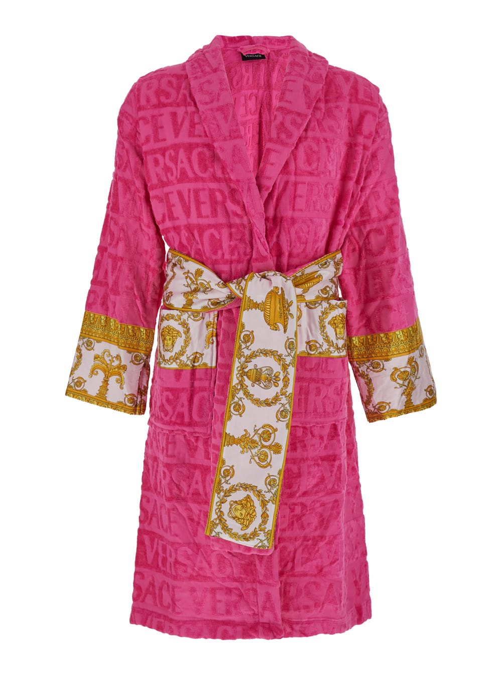 Pink Bathrobe With Baroque Pattern In Terry Cotton