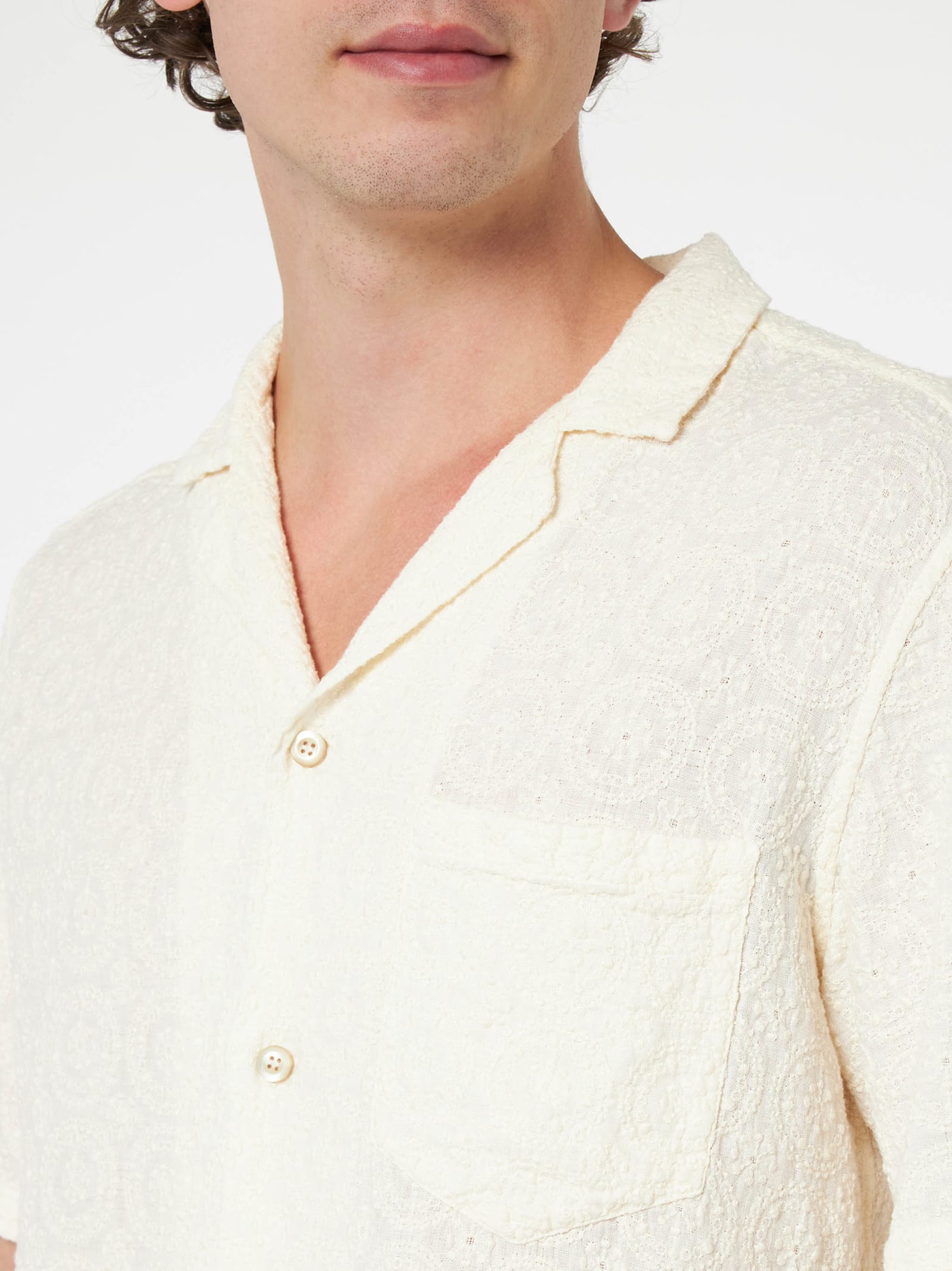 Shop Mc2 Saint Barth Man Linen Shirt Kalea With Flower Embroidery In White