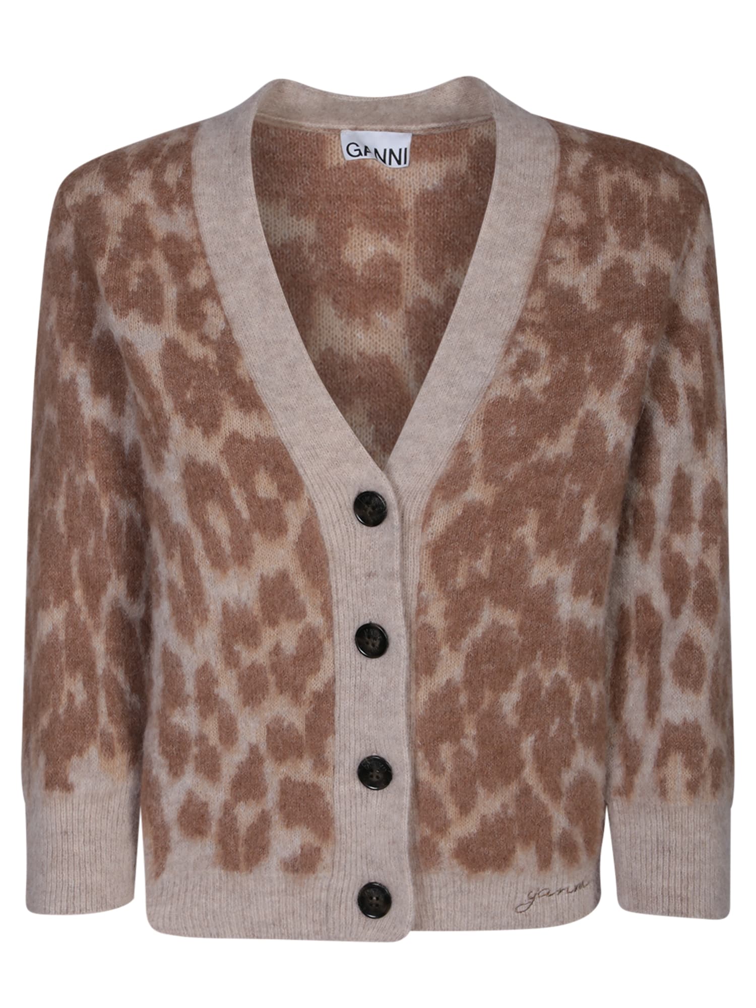 Shop Ganni Jacquard Leopard Cardigan In Beige