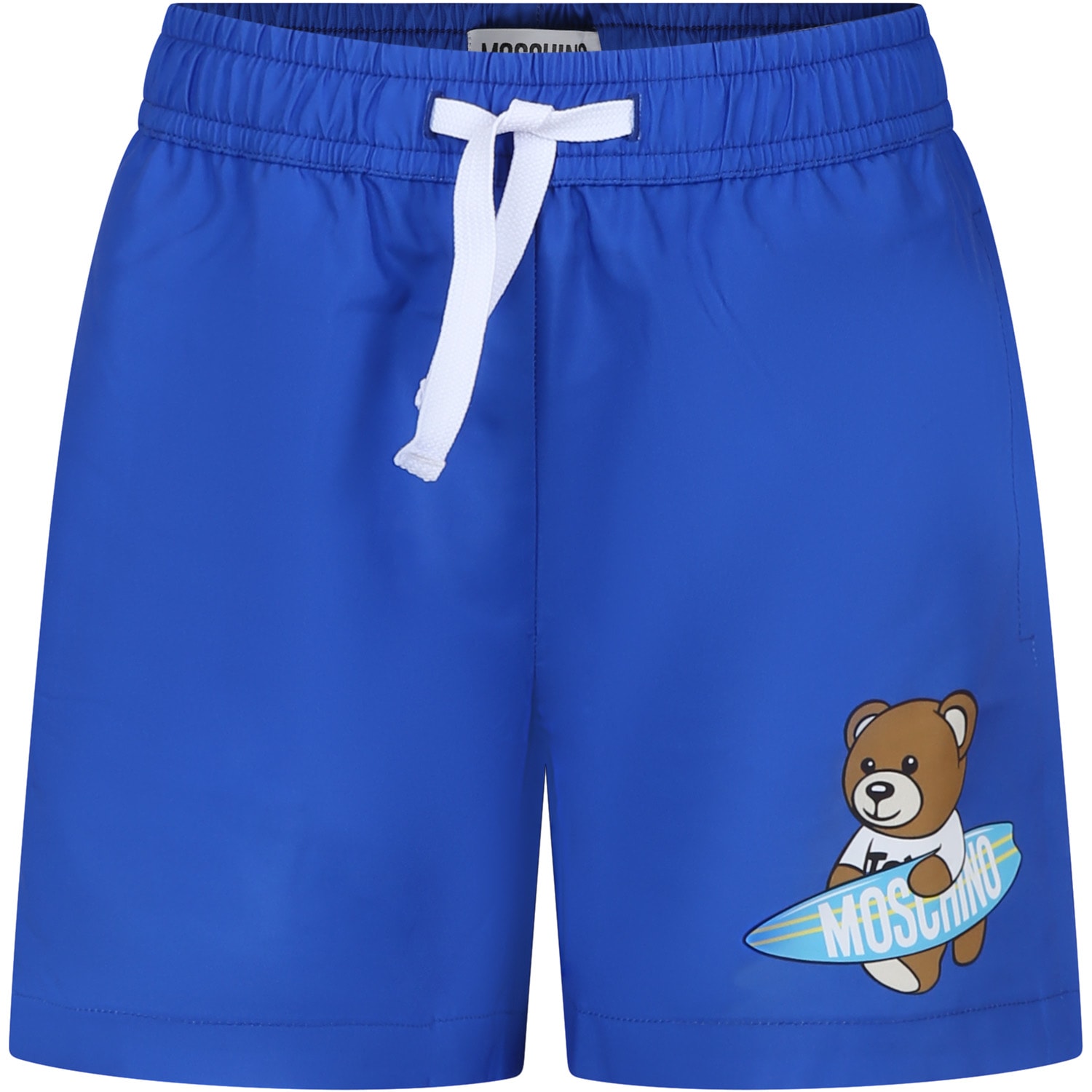 Shop Moschino Light Blue Swim Shorts For Boy With Teddy Bear