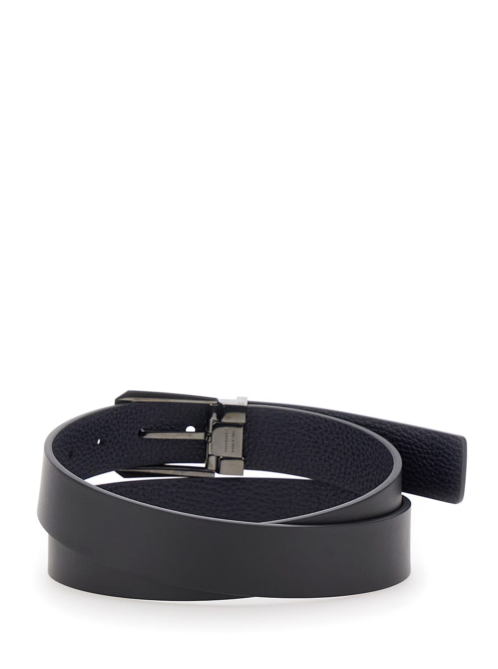 Shop Ferragamo Black Reversible Belt With Engraved Logo In Smooth And Hammered Leather Man