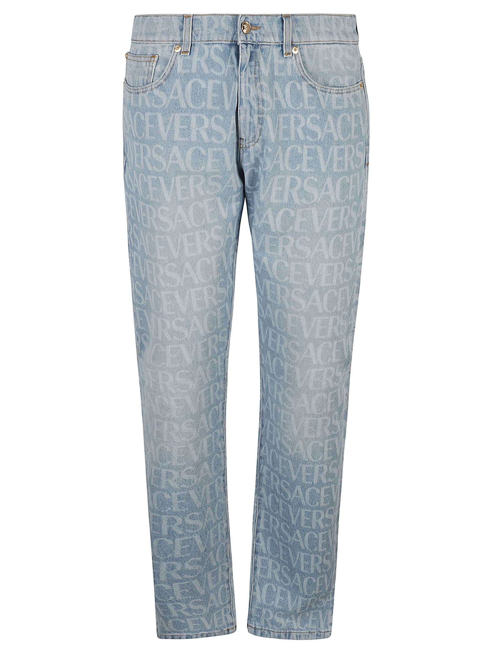 Shop Versace All-over Jeans In Light Blue
